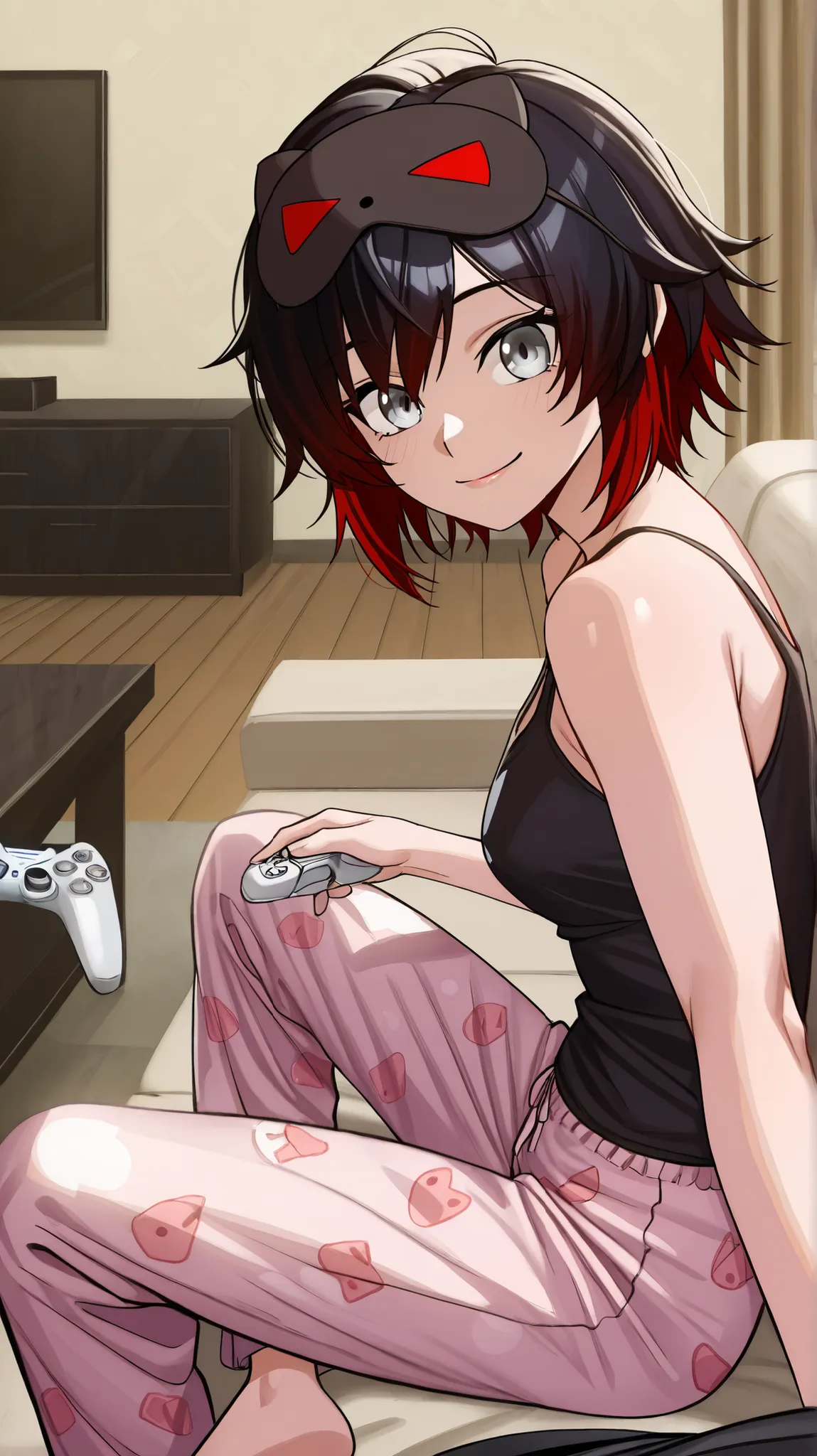 RubyR0se, 1girl, black hair, red hair, two tone hair, gray eyes, Vol1Pajamas, pajamas, black tank top, pink pants, sleep mask, barefoot, indoors, living room, couch, sitting on couch, coffee table, TV, PS5, Duelsense controller, looking at viewer, pov, smi...