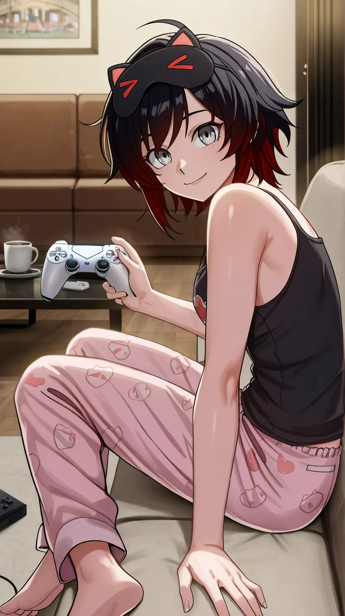 RubyR0se, 1girl, black hair, red hair, two tone hair, gray eyes, Vol1Pajamas, pajamas, black tank top, pink pants, sleep mask, barefoot, indoors, living room, couch, sitting on couch, coffee table, TV, PlayStation 5, Duelsense controller, looking at viewer...
