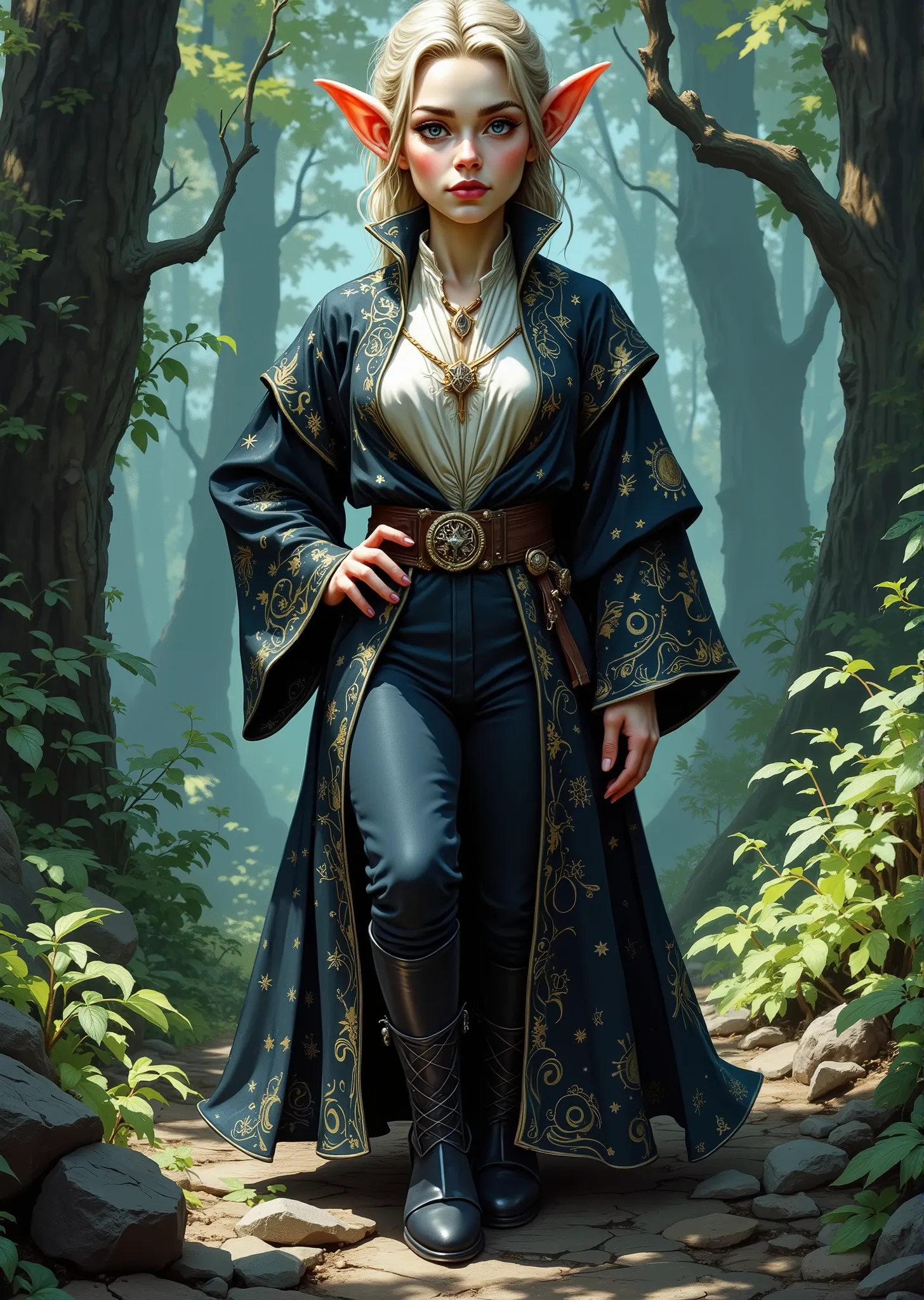 Full body view. An extremely detailed comic book illustration of a stunningly beautiful extremely curvaceous Gnome from Dungeons and Dragons petite magical folk with big eyes and pointed ears created by gods of invention and illusion seldom seen by other f...