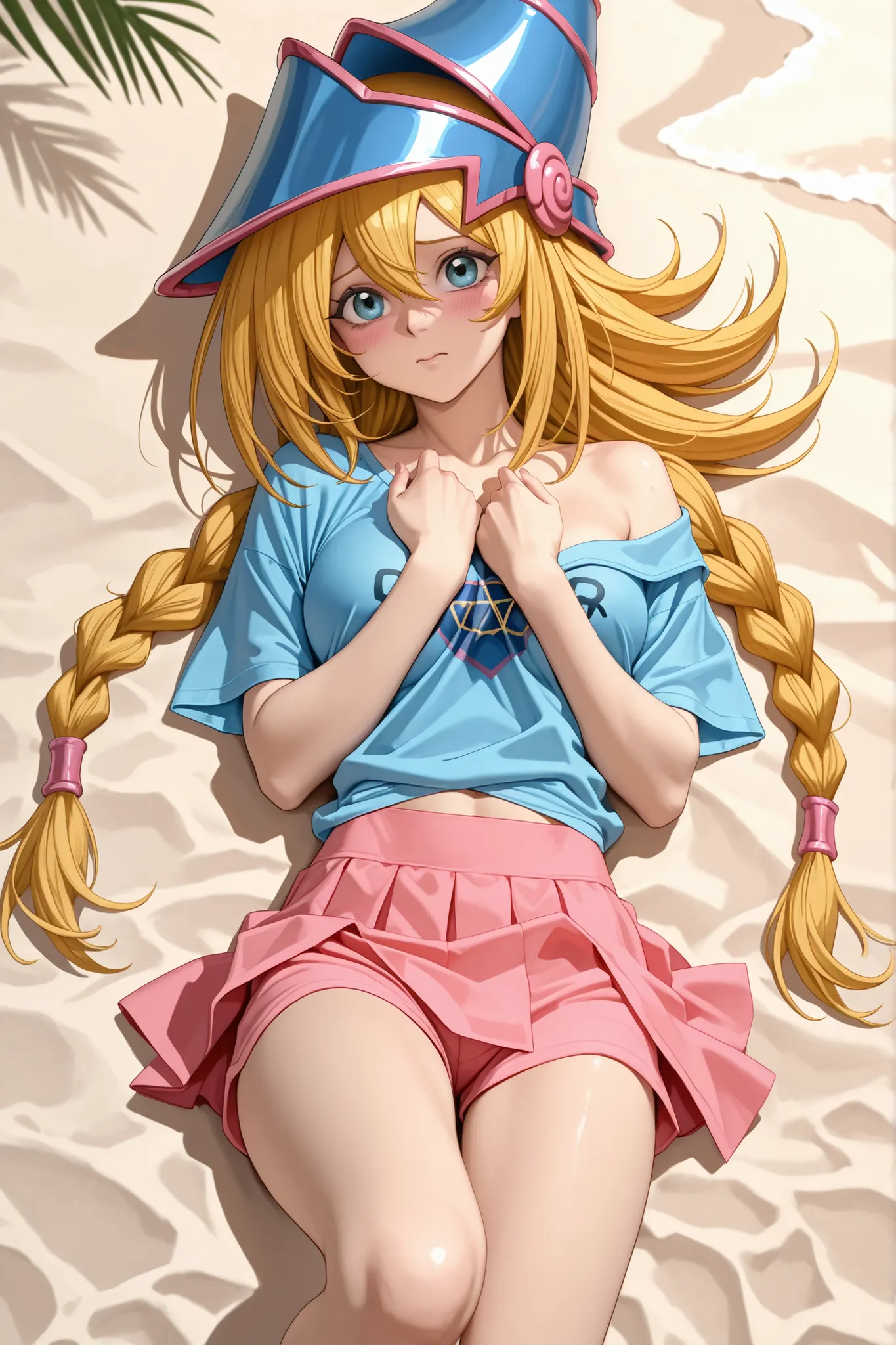 glorify, dark Magician girls. 1 girl, top view, Looking at the viewer, on the beach, in a swimsuit, without a bra, without the upper part of the swimsuit, only in shorts, covers the chest with her hands, is shy, yellow hair, blue eyes, two long hair braids...