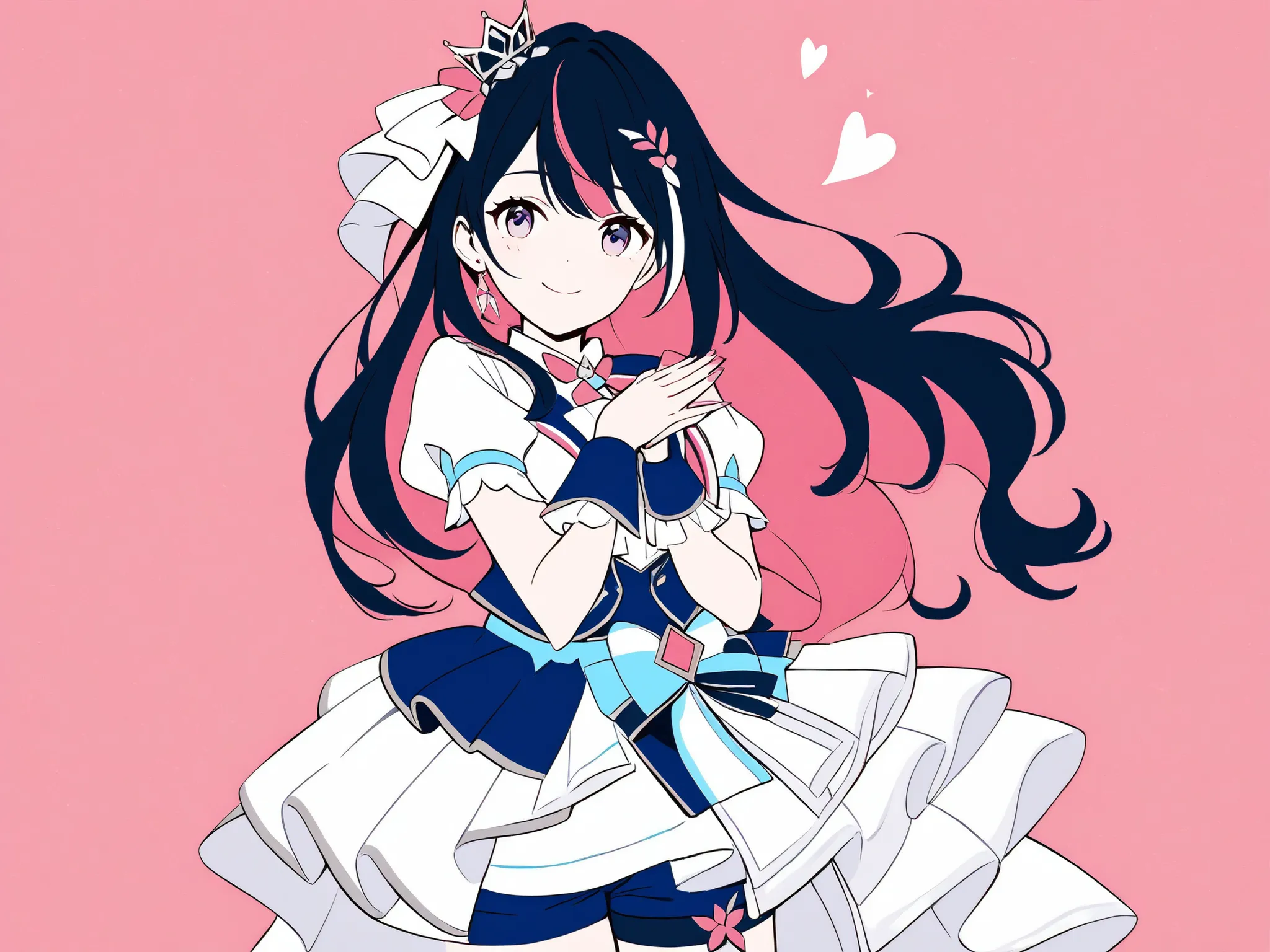 anime、flat color, 1 girl, solo, smile, look at the person watching, simple background, upper body, pink background, AzkiIdol, Multicolored Hair, long hair, hair ornament,  mini crowns, idol clothes, white dress, short dress, Short sleeve, wrist cuff , sash...