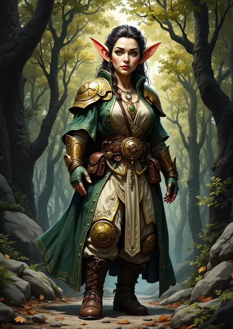 Full body view. An extremely detailed comic book illustration of a stunningly beautiful extremely curvaceous Gnome from Dungeons and Dragons petite magical folk with big eyes and pointed ears created by gods of invention and illusion seldom seen by other f...