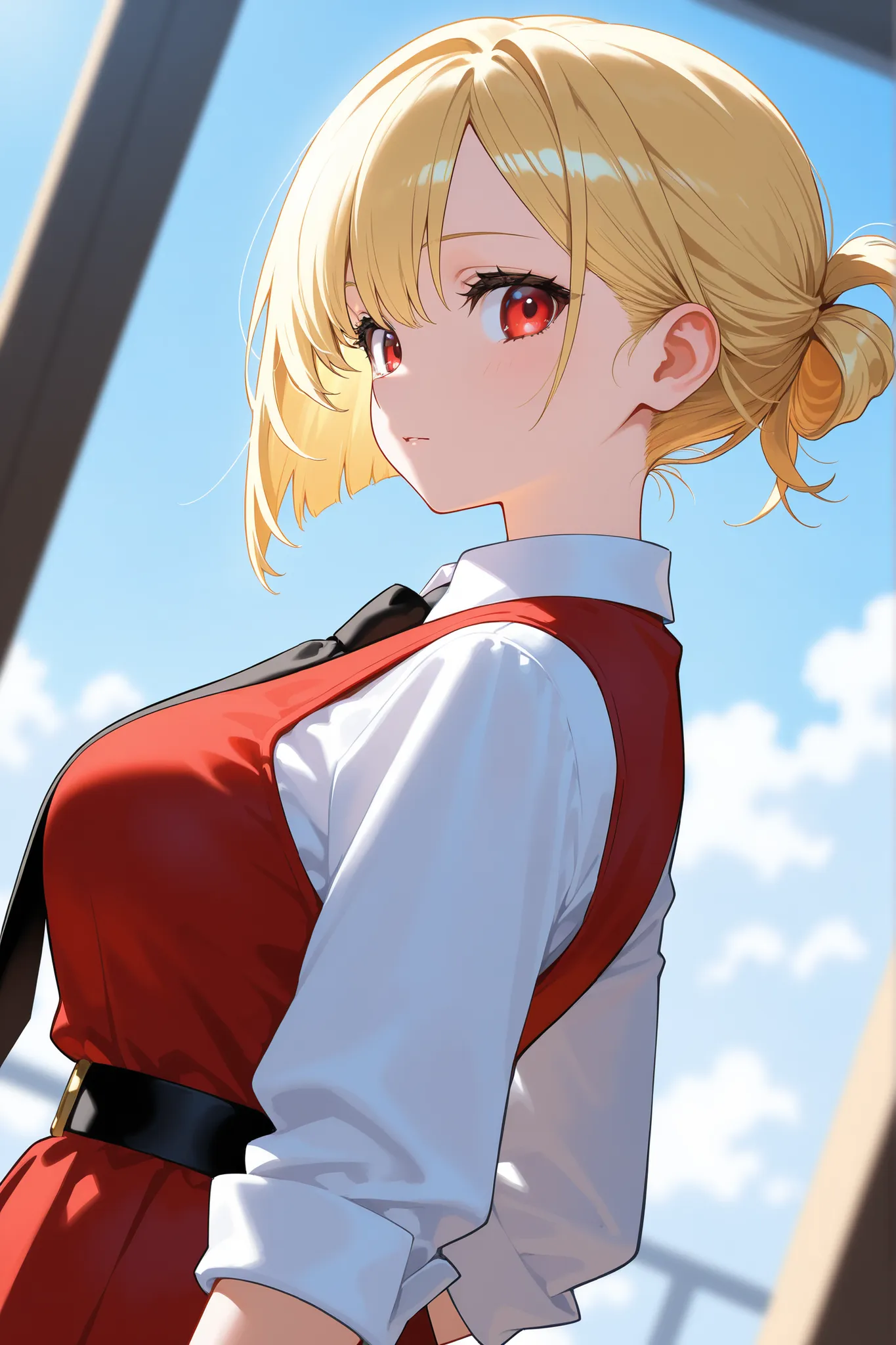 Create a digital illustration of a young woman with bunches blonde hair and red eyes, side view.Bob hairstyle.