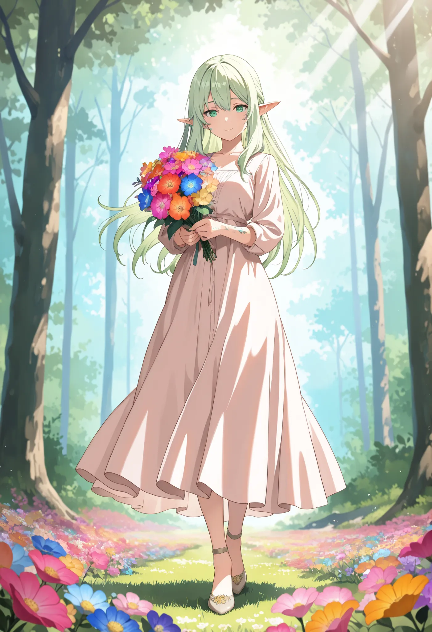 ((best quality)), ((masterpiece)), (detailed), perfect face, textured skin, ((super detail)), high quality, high details, A  elf  girl with shoulder-length light green hair, glowing under the dappled sunlight of a forest. She is wearing a thin, light pink ...