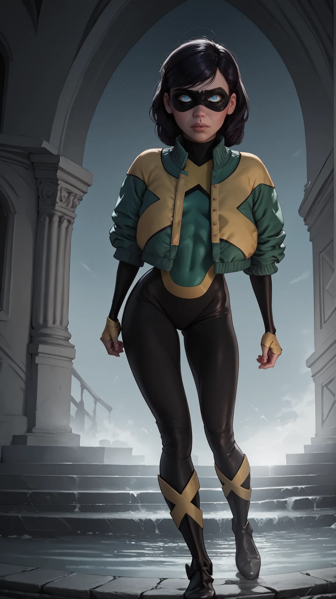 Violet parr wearing the bodysuit of Jeangreymarvelgirl, jacket green and yellow,  she has big , long , straight black hair that falls below her shoulders , with a portion of her hair covering part of her face , she has big blue eyes , fair , youthful skin,...