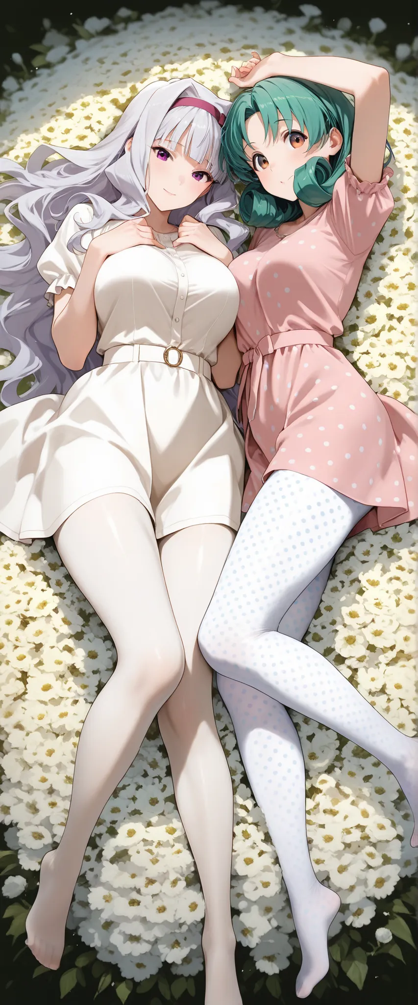score_9 , score_8_up , score_7_up , source_anime ,2 girls, Shijou Takane, white hair, long hair, purple eyes, Tokugawa Matsuri, green hair, curly hair, casual mini dress, (polka dot pantyhose, white pantyhose: 1.5), Thick thighs, beauty legs, Lying down, i...