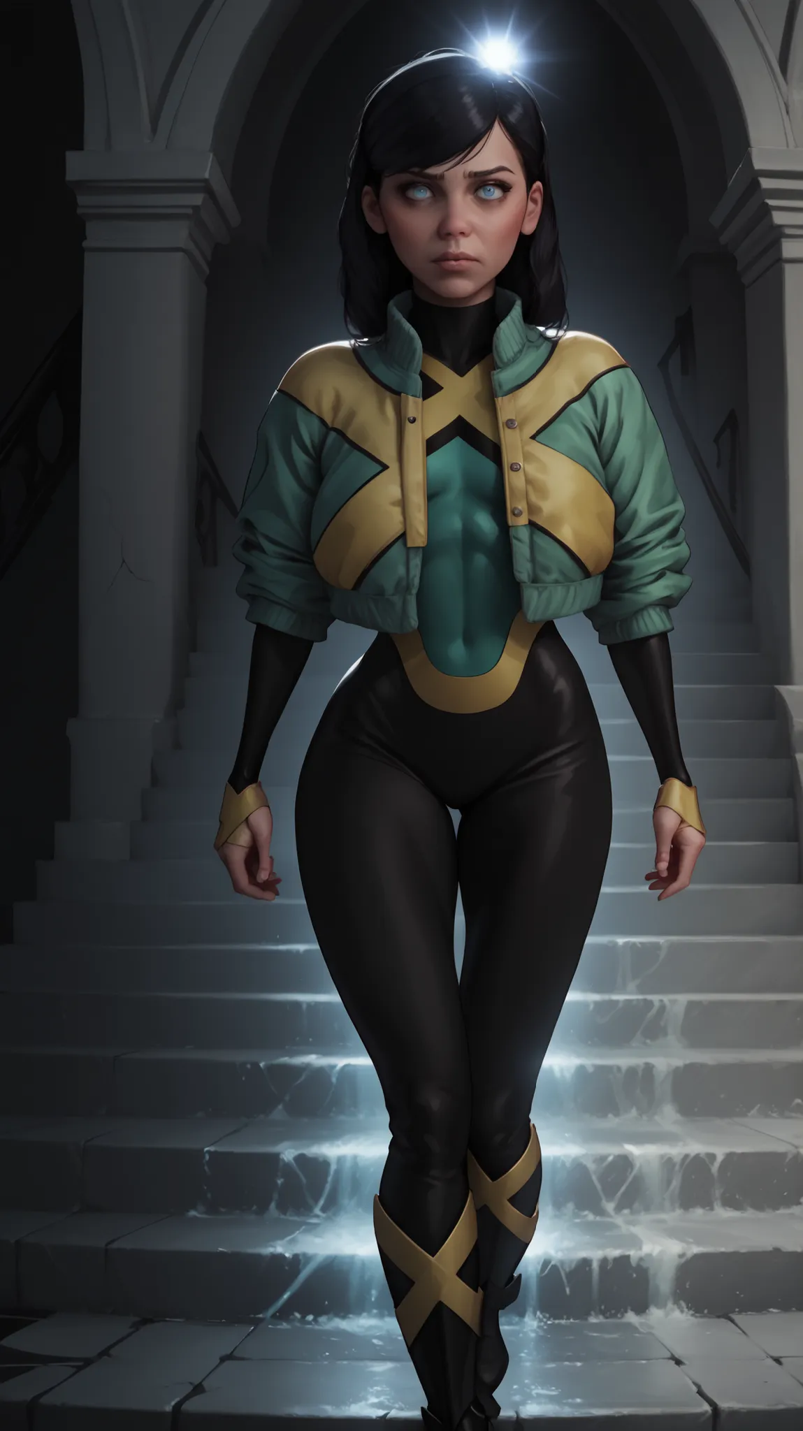Violet parr wearing the bodysuit of Jeangreymarvelgirl, jacket green and yellow,  she has big , long , straight black hair that falls below her shoulders , with a portion of her hair covering part of her face , she has big blue eyes , fair , youthful skin,...