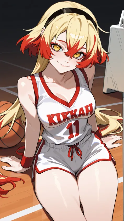 masterpiece, best quality, amazing quality, newest, very aesthetic, 1girl,esdeah from \(akami ga kill\),cute,looking at the viewer,smile,motion,basketball player