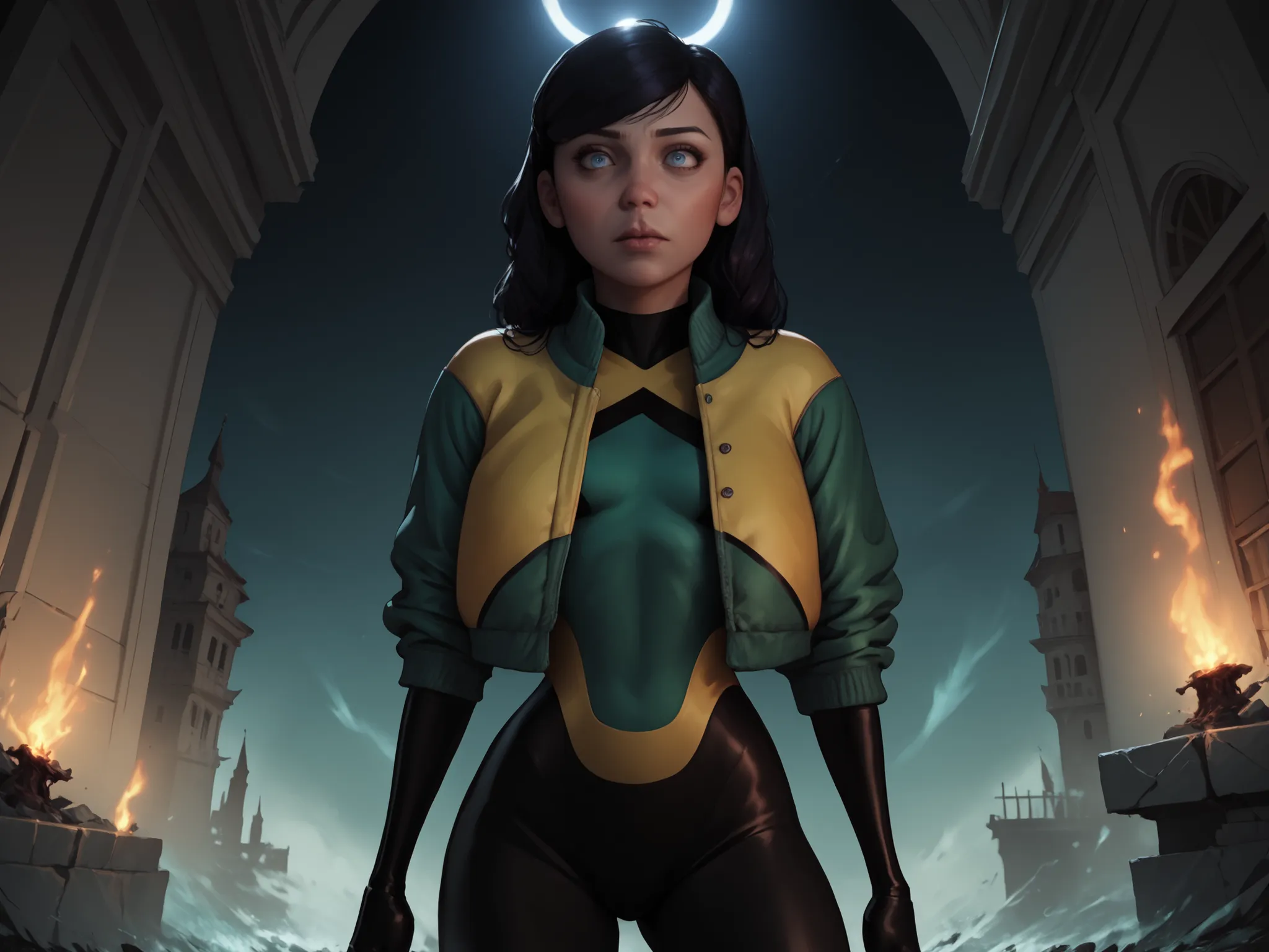 Violet parr wearing the bodysuit of Jeangreymarvelgirl, jacket green and yellow,  she has big , long , straight black hair that falls below her shoulders , with a portion of her hair covering part of her face , she has big blue eyes , fair , youthful skin,...