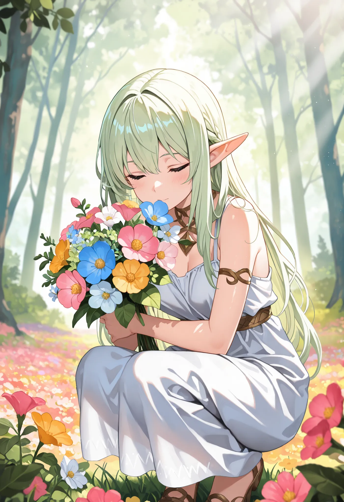((best quality)), ((masterpiece)), (detailed), perfect face, textured skin, ((super detail)), high quality, high details, A  elf girl with shoulder-length light green hair, shimmering under the dappled sunlight of the forest. She is wearing a thin, light p...