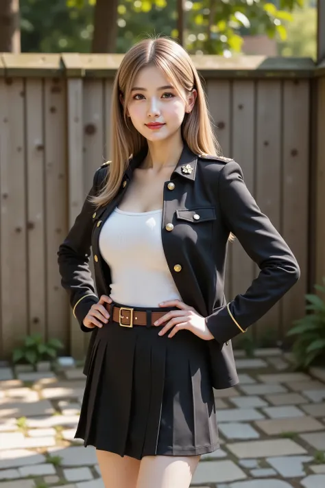 smile, hair styled in aplatinum blonde, gold hair,A photorealistic digital painting of a slender young woman with smooth fair skin and voluptuous firm breasts emphasized by a wide deep cleavage beneath a fitted black tailored military-style jacket featurin...