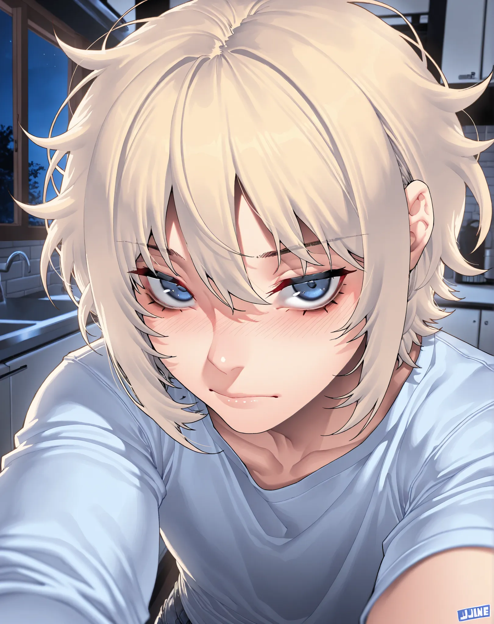fair skin, blue eyes, handsome, man, blonde hair, messy hair, bangs, blue graphic shirt, jeans, indoors, night, kitchen, composed, blush, looking at viewer, posing, solo, jjune, (face focus, upper body focus, close angle),