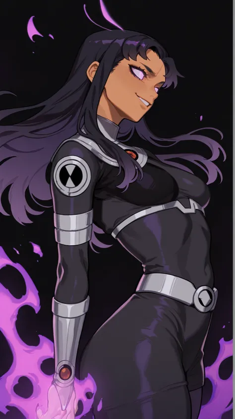 masterpiece, best quality, amazing quality, newest, very aesthetic, 1girl,blackfire \(titans\),Image is a digital illustration featuring a stylized, animated character with a dynamic pose. The character has light skin and is depicted with short, spiky hair...