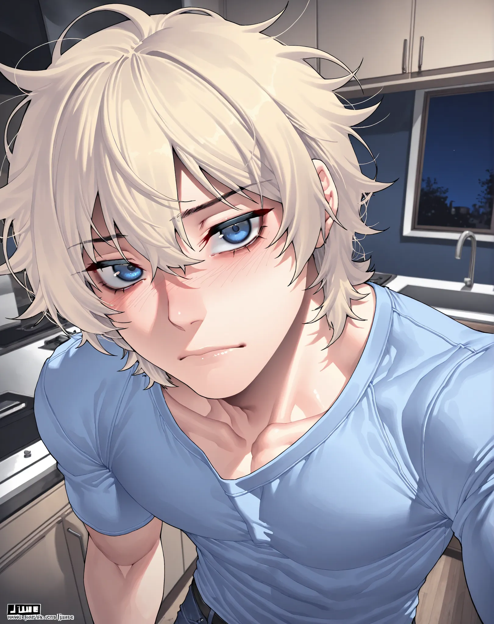 fair skin, blue eyes, handsome, man, blonde hair, messy hair, bangs, blue graphic shirt, jeans, indoors, night, kitchen, composed, blush, looking at viewer, posing, solo, jjune, (face focus, upper body focus, close angle), masculine, male