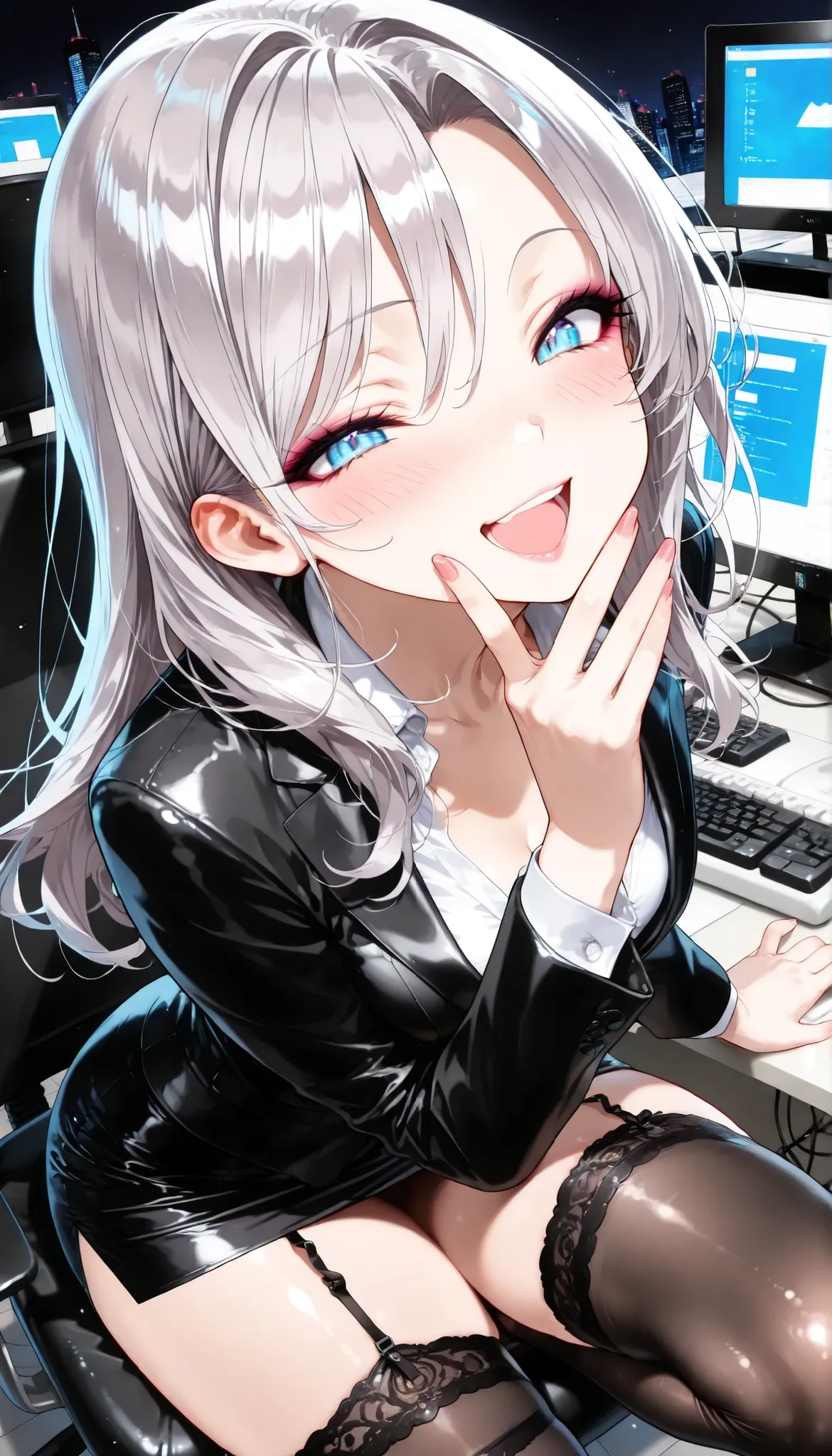 1 Beautiful Girl , sexyなモデル体型の女性, ( Silver Hair, Mullet hair, Small Face), (blush, Laugh), beautiful shining eyes:1.1, luscious lips from nastiness, very detailed目と顔, long lashes, Perfect Face, (black suit, shirt, slit pencil skirt, garter stockings), Bea...