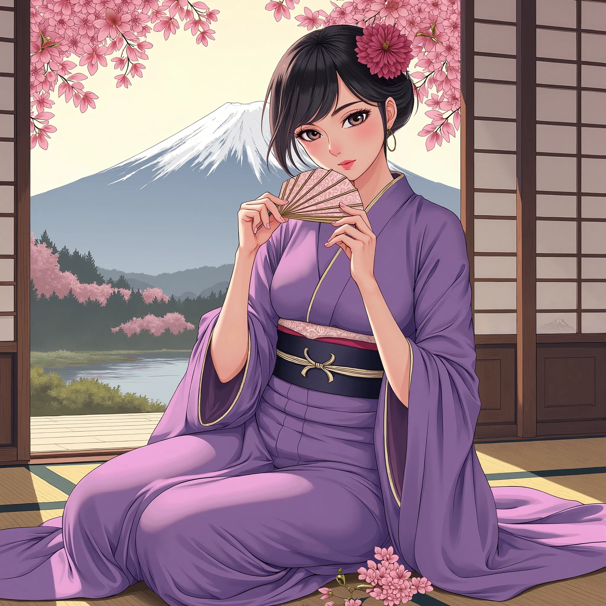 Illustrations、anime、A beautiful twenty- woman is sitting、Purple Kimono、Japanese Women、Japanese-style room、loose、Mt. Fuji、 beautiful flowers 、fan、breasts are big、