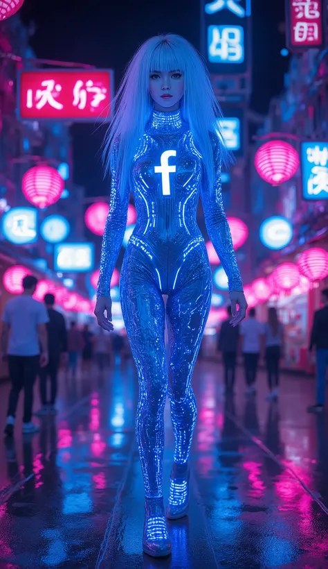 Facebook
"A colossal Facebook-inspired female figure, her metallic blue dress designed with interlocking circuits and glowing nodes. The glowing Facebook 'F' logo radiates from her forehead, and her eyes project a calming yet commanding presence. She walks...