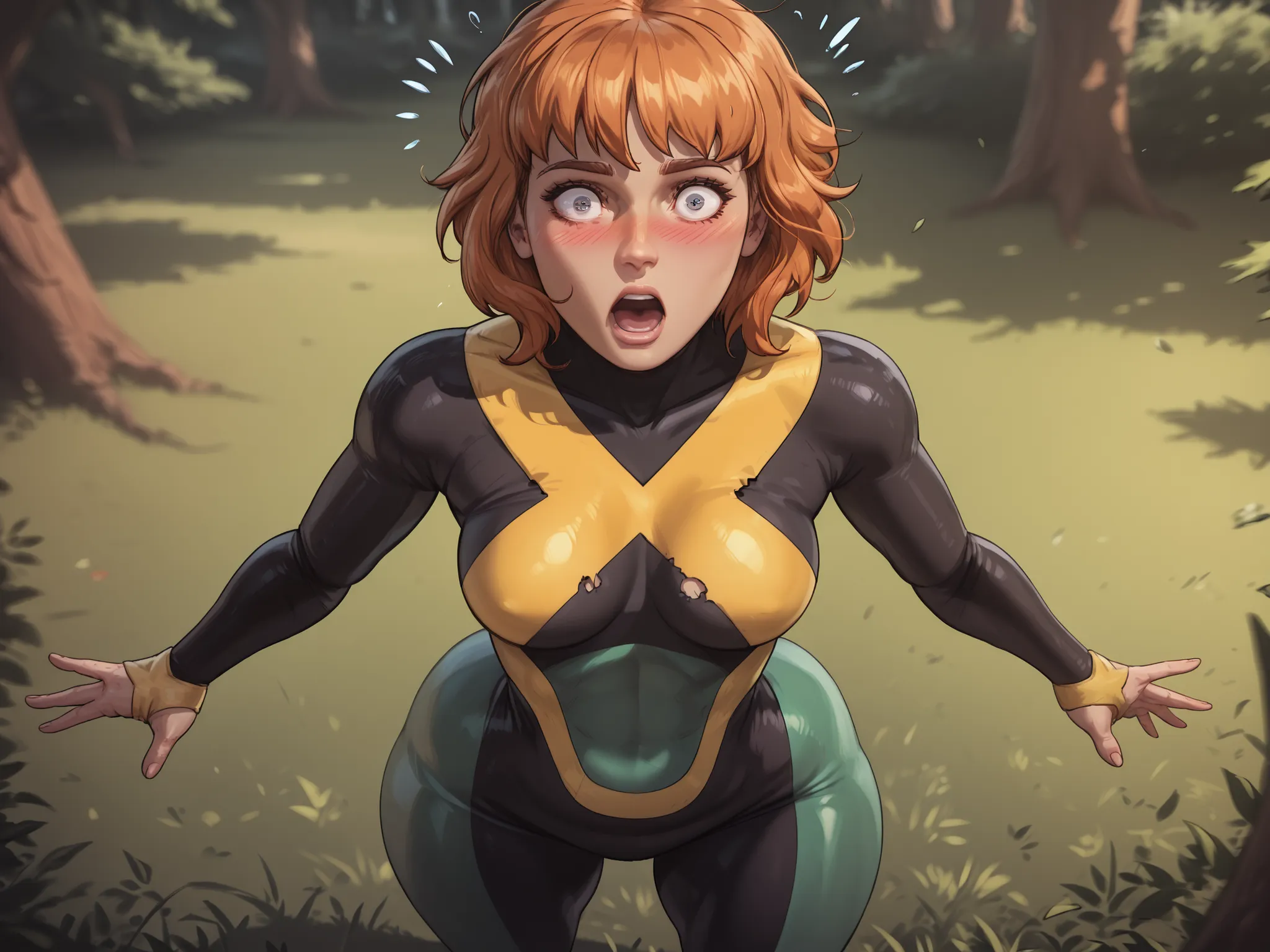 jeangreymarvelnow, 1girl, short hair, orange hair, medium breasts, bodysuit,aloneinside, depth of field, surprised , Blush,  in a forest,  beautiful,  big thighs, thick thights, huge ass, big breasts ,  torn clothes,  provocative pose,  huge ass, standing...