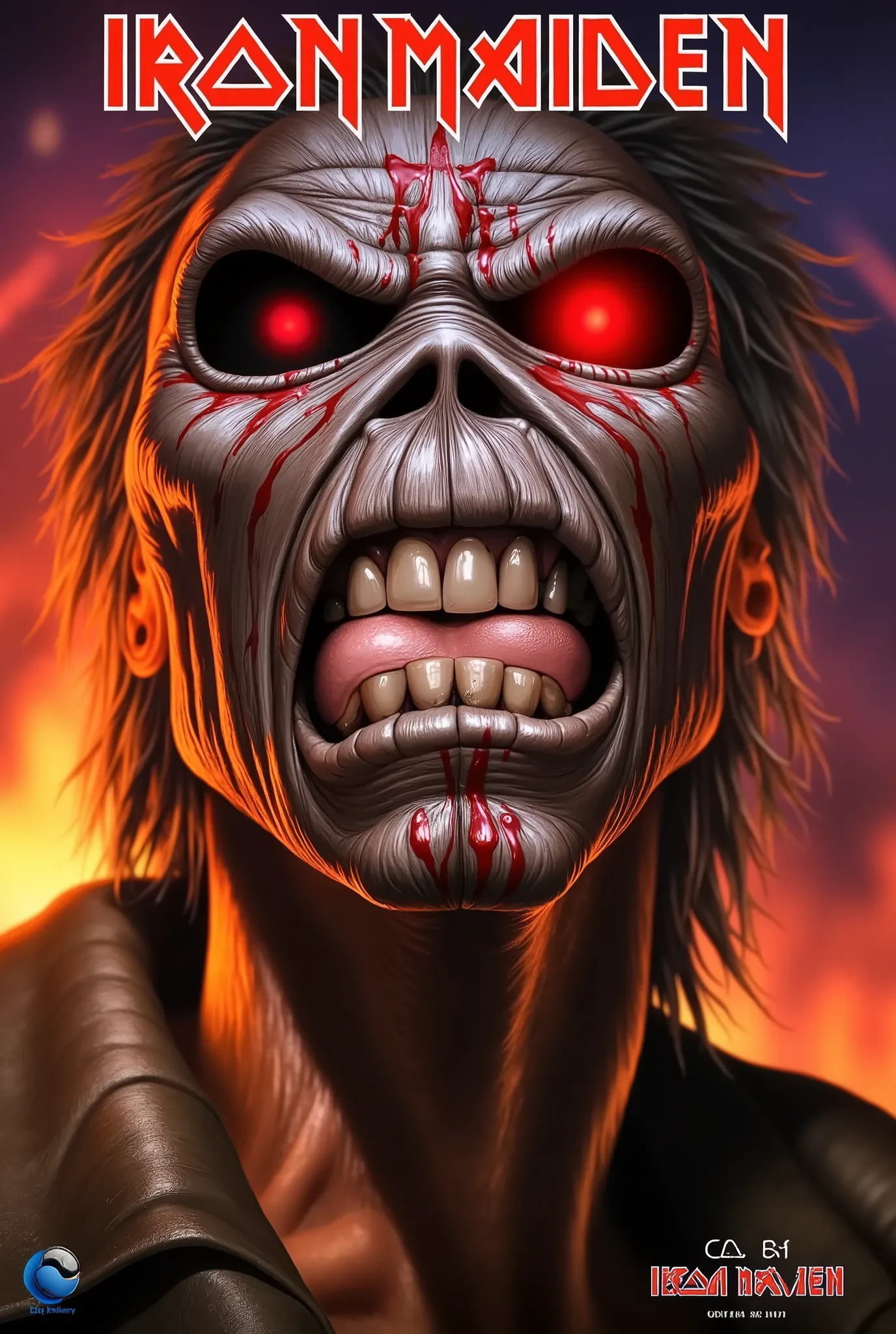 a close up of a poster of a man with a large head, iron maiden, maiden, iron maiden album cover