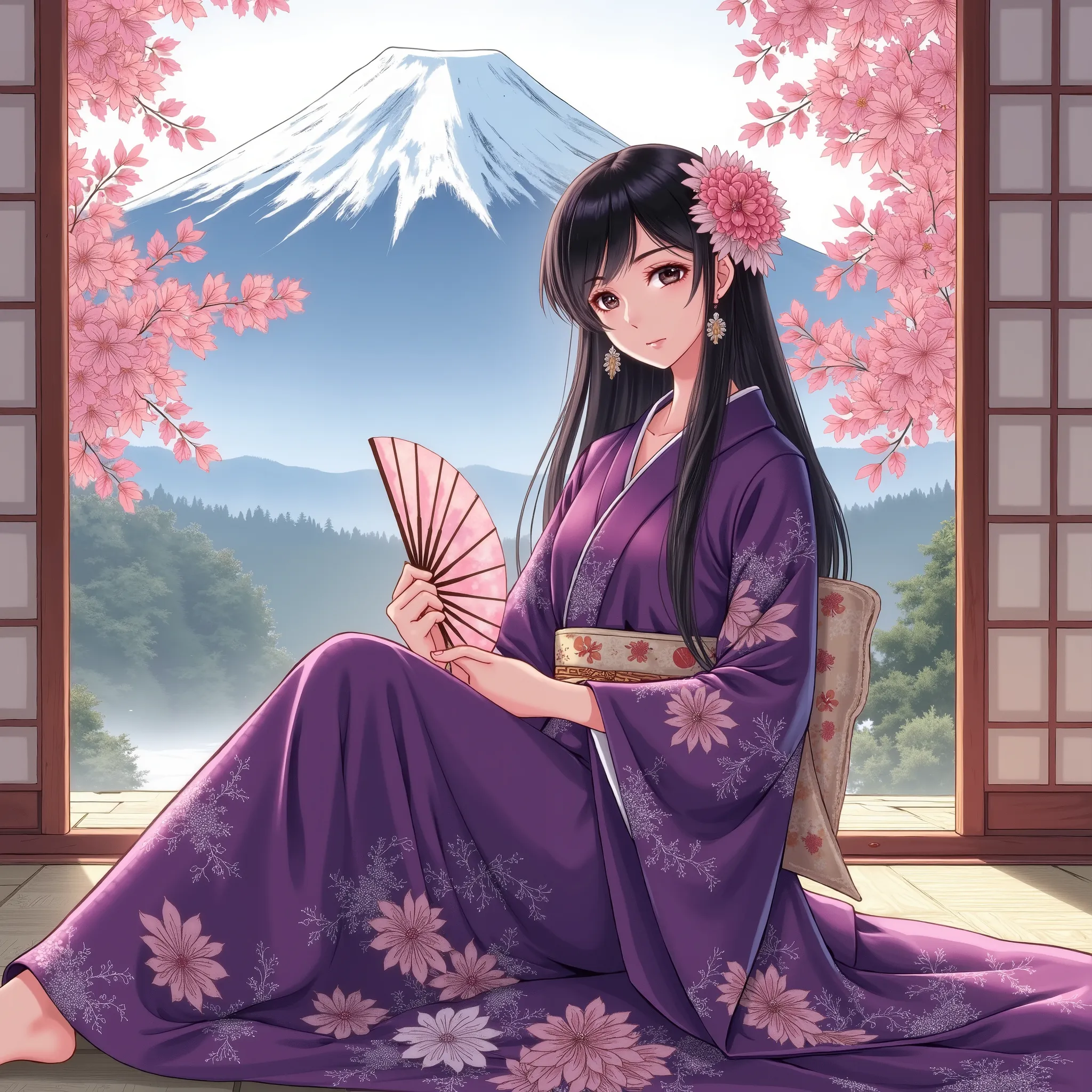 Illustrations、anime、A beautiful twenty- woman is sitting、Deep purple kimono、Japanese Women、Japanese-style room、loose、Mt. Fuji、 beautiful flowers 、fan、breasts are big、