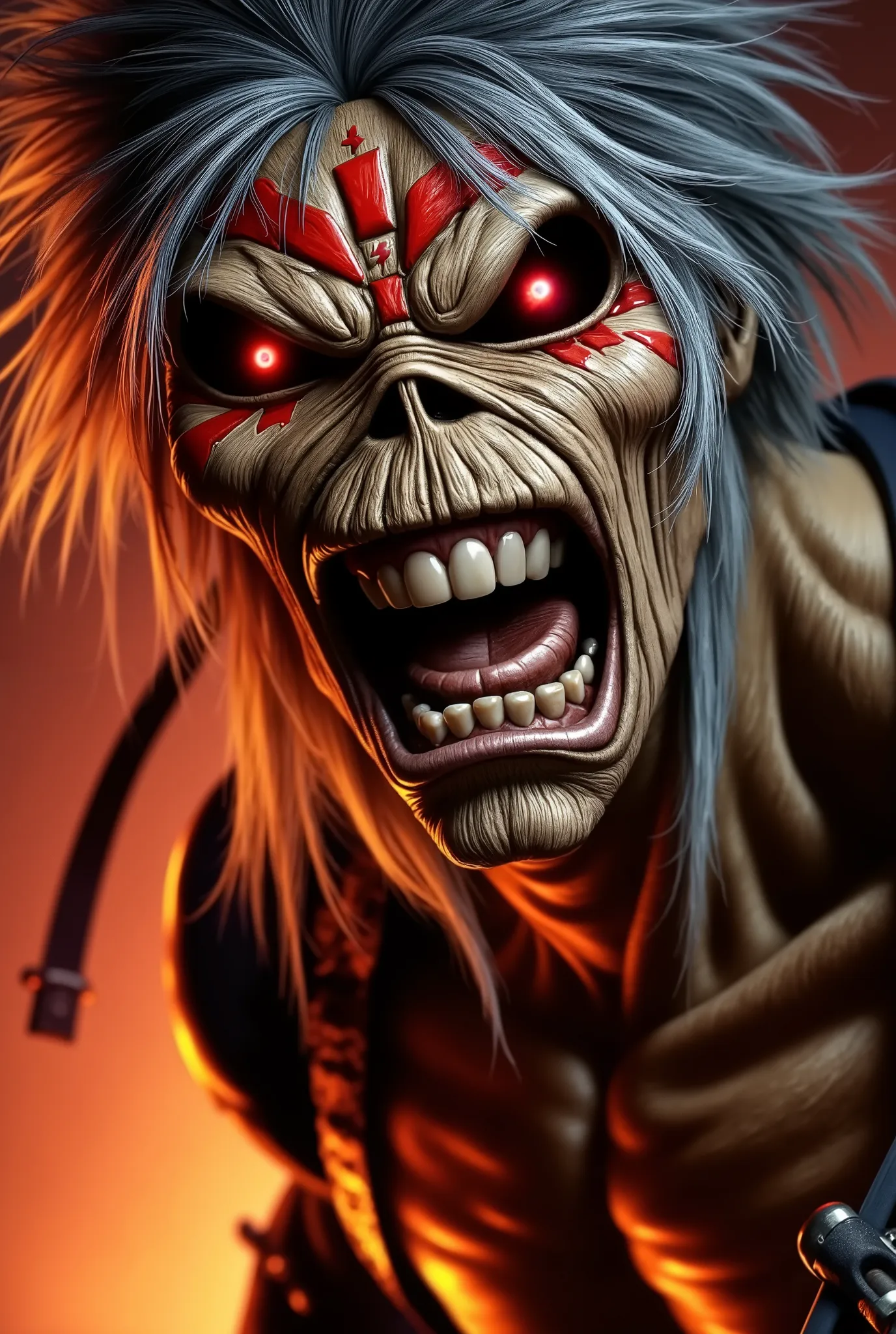 Masterpiece, best quality, hyper-realistic. close-up of eddie from iron maiden album cover. realistic textures, detailed, UHD, 4K. cinematic lighting