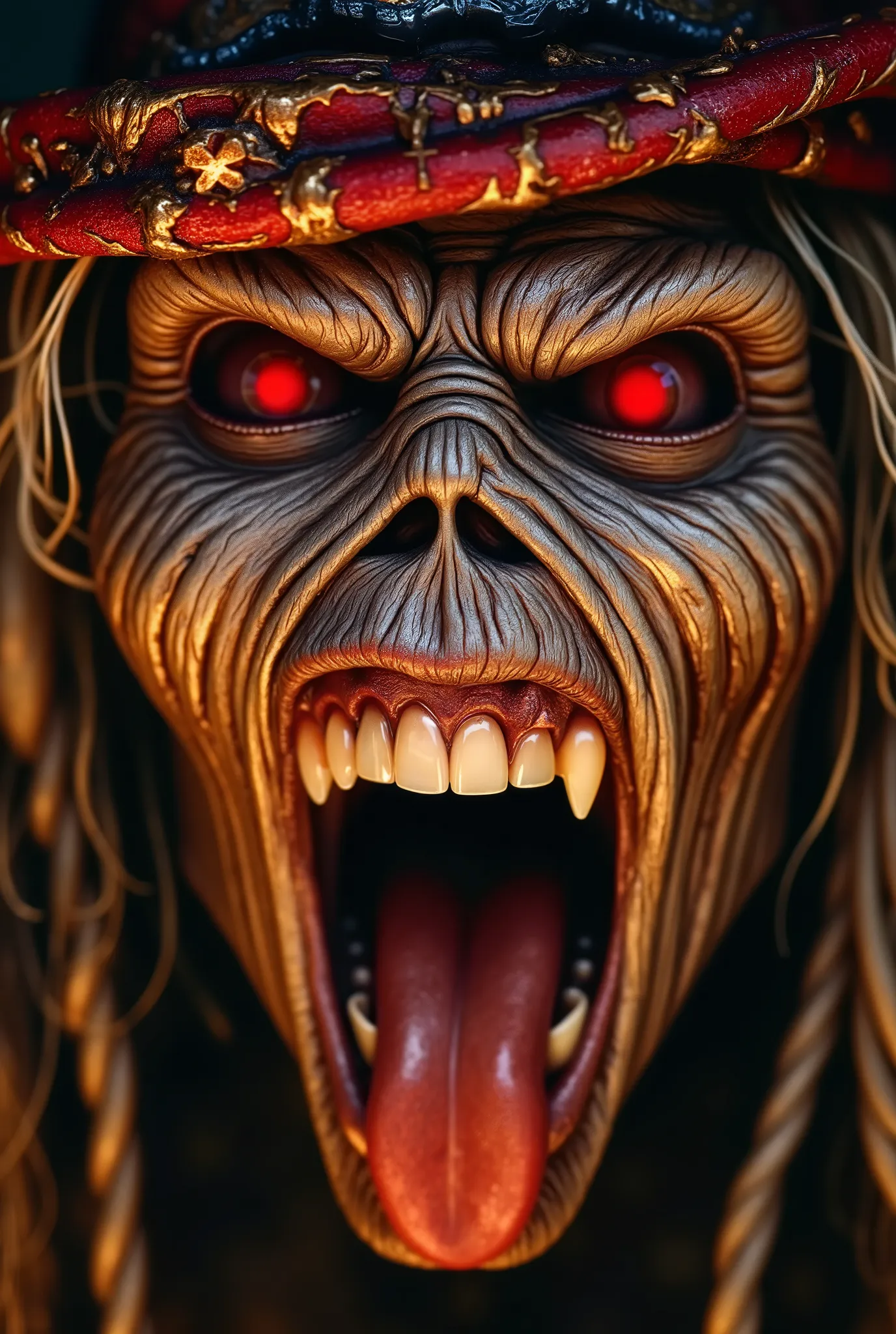 Masterpiece, best quality, hyper-realistic. close-up of eddie from iron maiden album cover. realistic textures, detailed, UHD, 4K. cinematic lighting