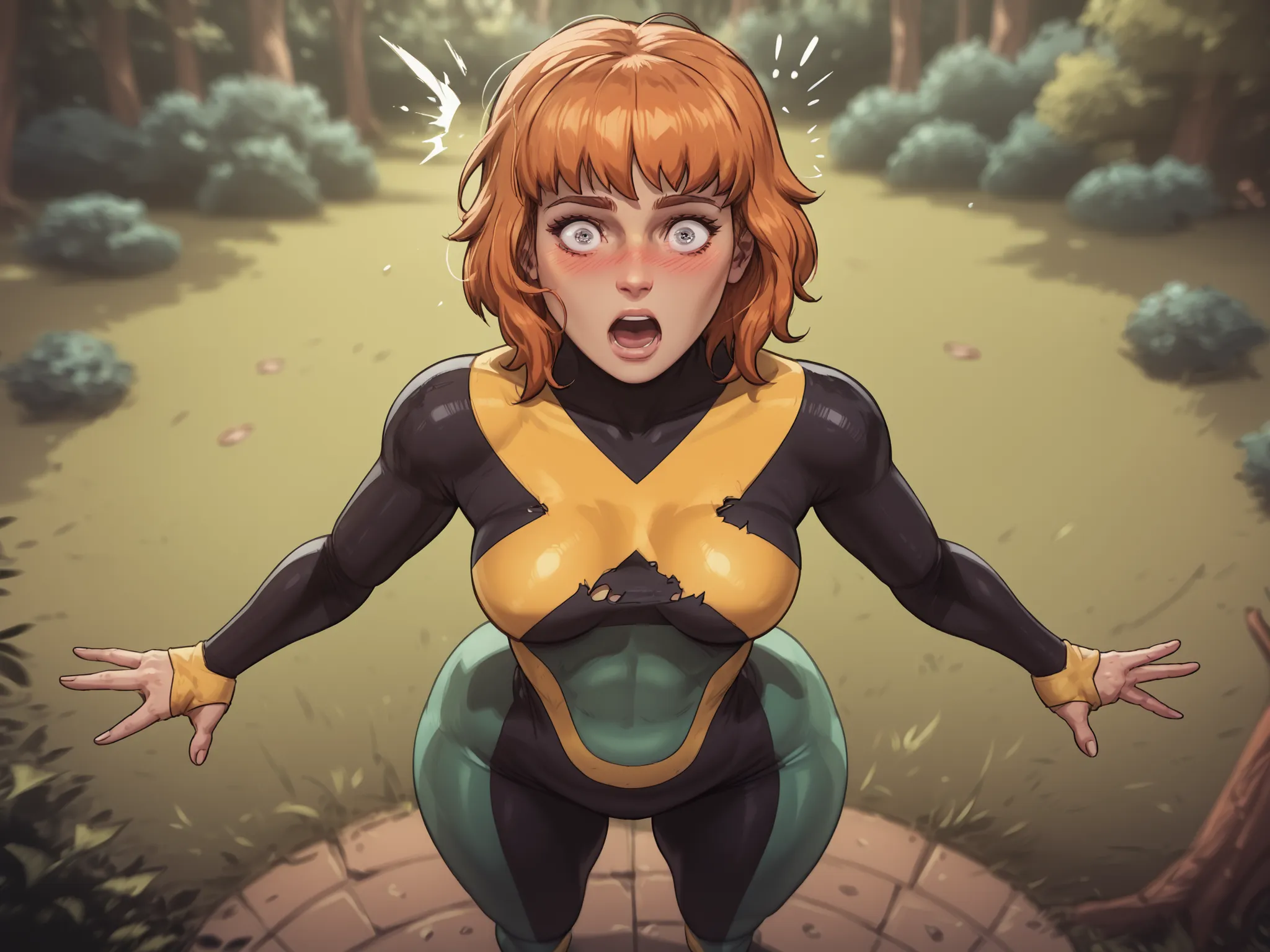  jeangreymarvelnow, 1girl, short hair, orange hair, medium breasts, bodysuit,aloneinside, depth of field, surprised , Blush,  in a forest,  beautiful,  big thighs, thick thights, huge ass, big breasts ,  torn clothes,  provocative pose,  huge ass, standing...
