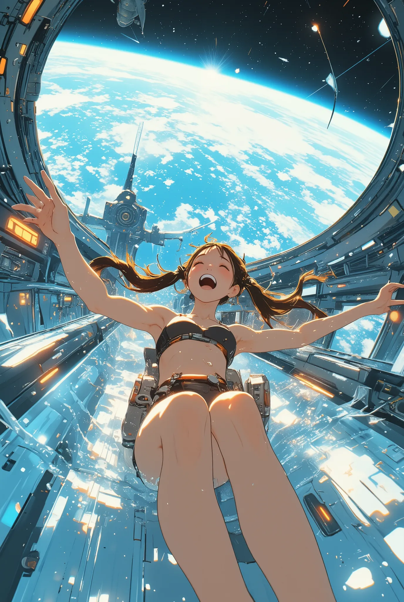 a medium close-up of a young woman with twin tails in a swimsuit, joyfully sliding down a transparent water slide on the exterior of an orbital space station, the curve of Earth clearly visible through panoramic glass panels behind her, futuristic metal st...