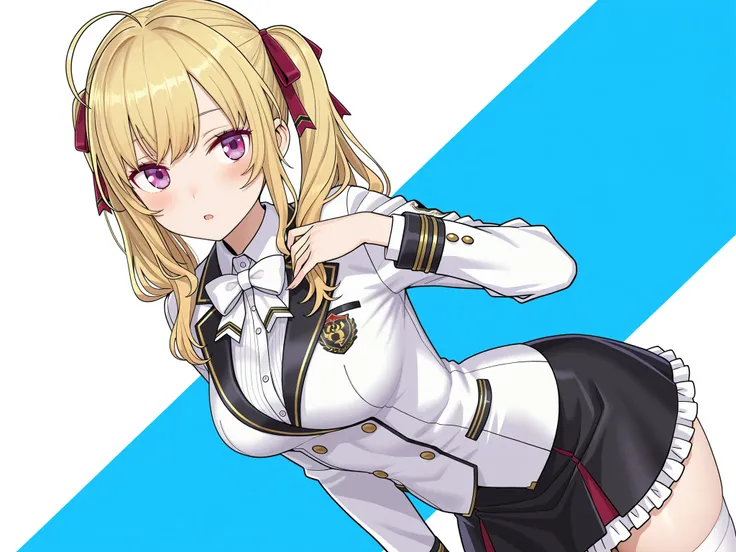 masterpiece,best quality, amazing quality, highres, absurdres, very aesthetic, high resolution, ultra detailed, perfect details,nijirion,medium breasts,purple eyes,blonde hair,twintails,ahoge,hair ribbon,nijirioncos,white shirt,white bowtie,white jacket,bl...
