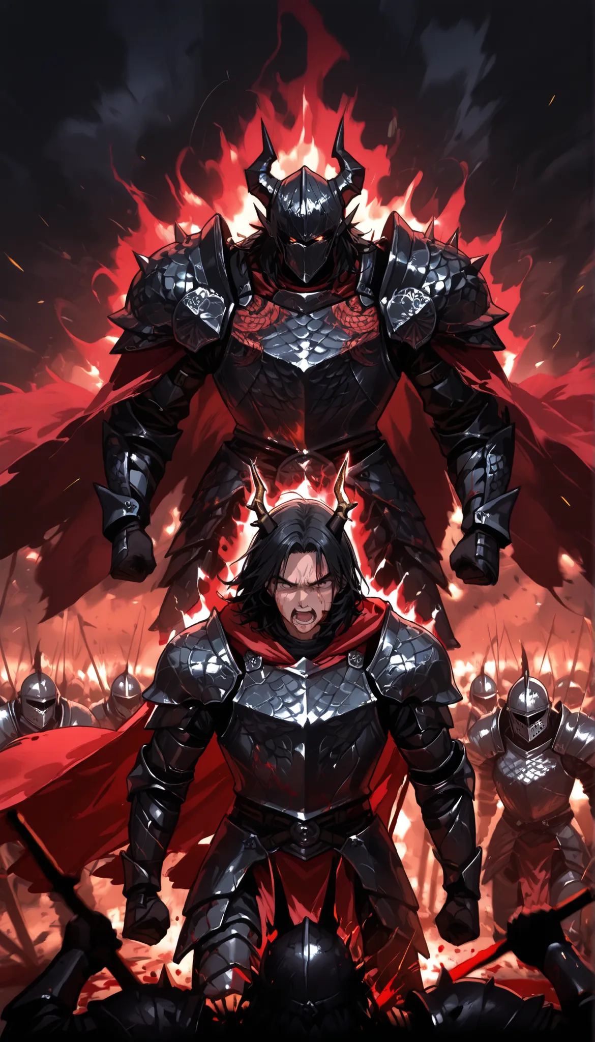 battlefield, riots, chaos, blood, murder, male, black hair, medium hair, handsome, Breastplate , Demon armor, black metal armor , thick armor , full armor, Detailed armor , Black Plate Armor, dragon patterns, dragon horn, red cloak, war, angry, dragon aur...