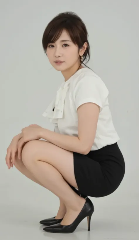 "Ultra HD,masterpiece,takashima_aya, gravure photo,Focus on the lower body, frontal shot, she is crouching in the office,BEST SHOT FROM THE FLOOR,Japanese office lady, OL, wearing a white short-sleeved blouse ,I'm wearing a tight black pencil skirt,skin co...