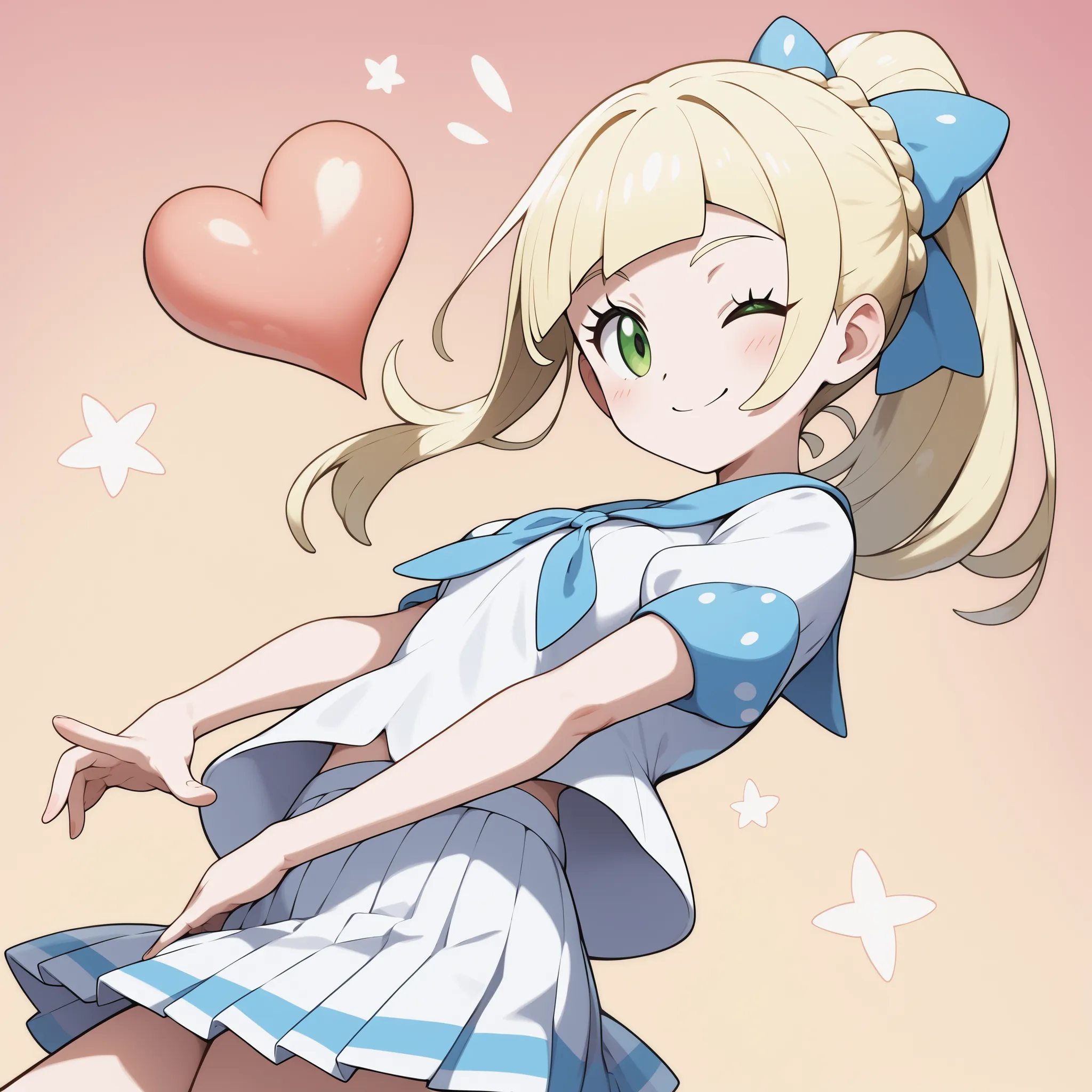 score_9, score_8_ up, score_7_ up, score_6_ up, score_5_ up, score_4_ up,  source_anime, Ally Lee,  long hair, blonde,  french braid ,  ponytail,  green eyes,  small breasts,  white shirt, Short sleeve,  pleated skirt,  white skirt,  close one eye, heart h...