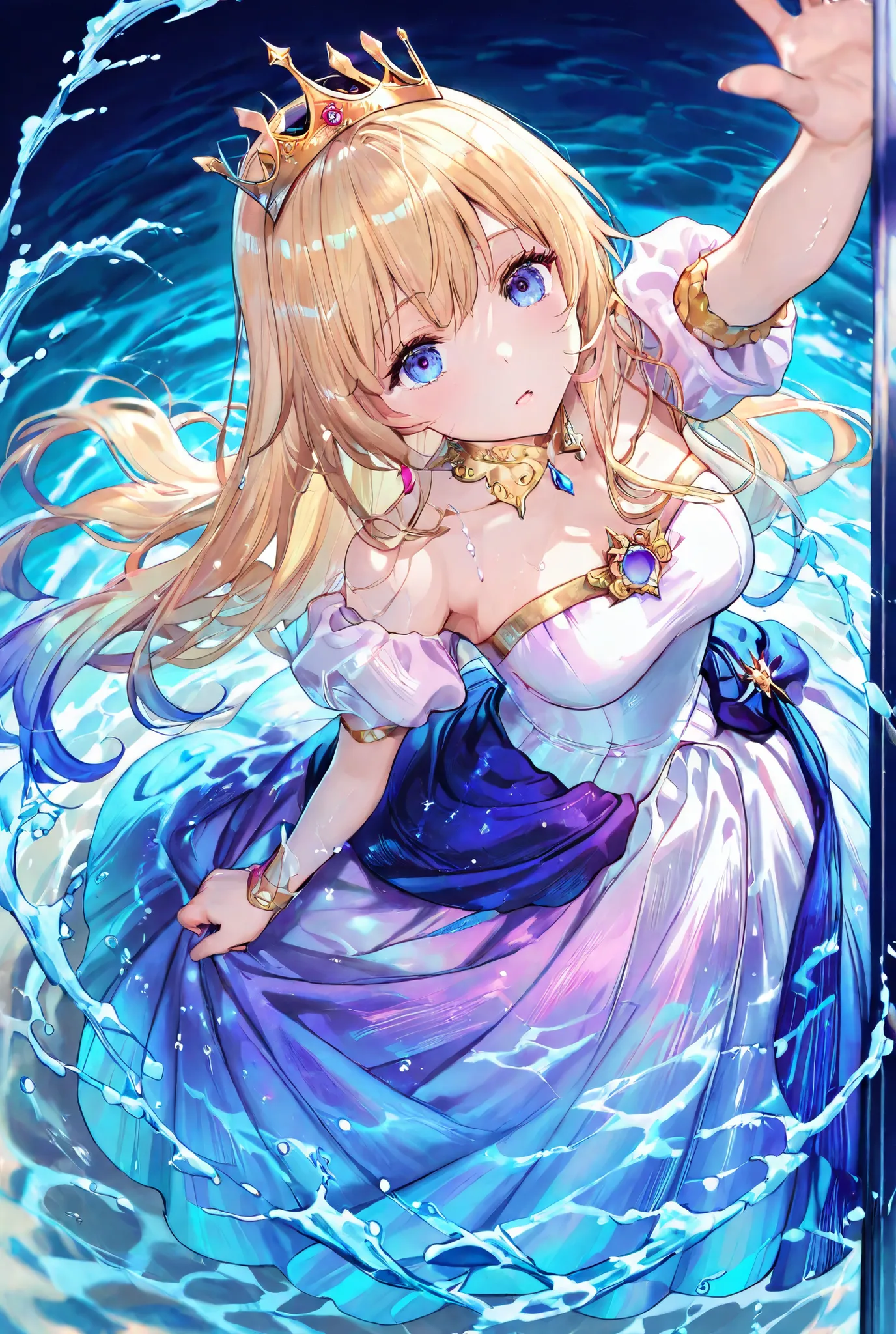 Reach for the surface of the water ,princess,purple and blue gradient dress that reaches the surface of the water from the deep sea,