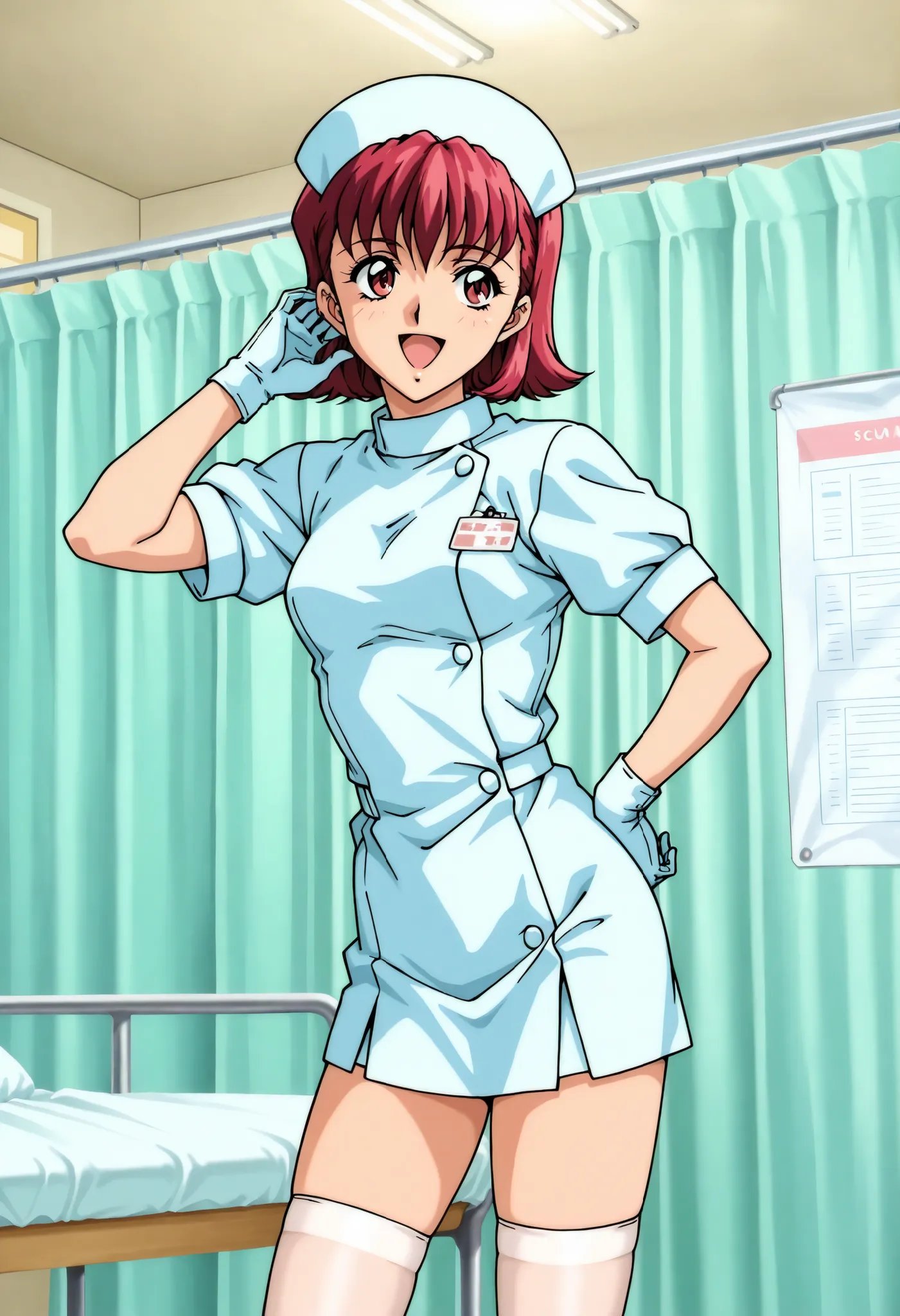 Score_9, score_8_up, score_7_up, source_anime, anime coloring, retro artstyle, 1990s (style), shindo_kazumi\(houkago_renai_club\), 1girl, solo, red hair, short hair, red eyes, (best quality), (high quality), {masterpiece}, extremely delicate and beautiful,...