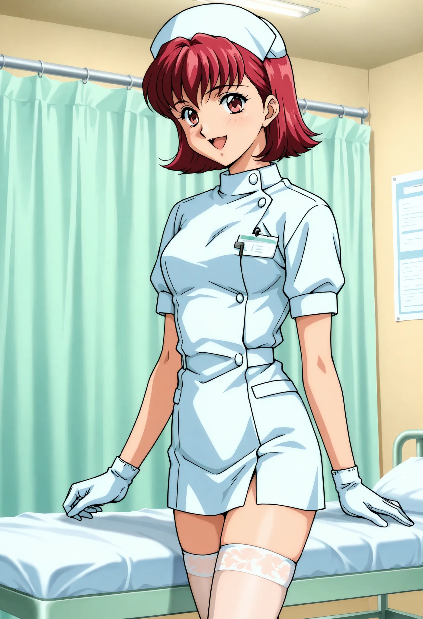 Score_9, score_8_up, score_7_up, source_anime, anime coloring, retro artstyle, 1990s (style), shindo_kazumi\(houkago_renai_club\), 1girl, solo, red hair, short hair, red eyes, (best quality), (high quality), {masterpiece}, extremely delicate and beautiful,...