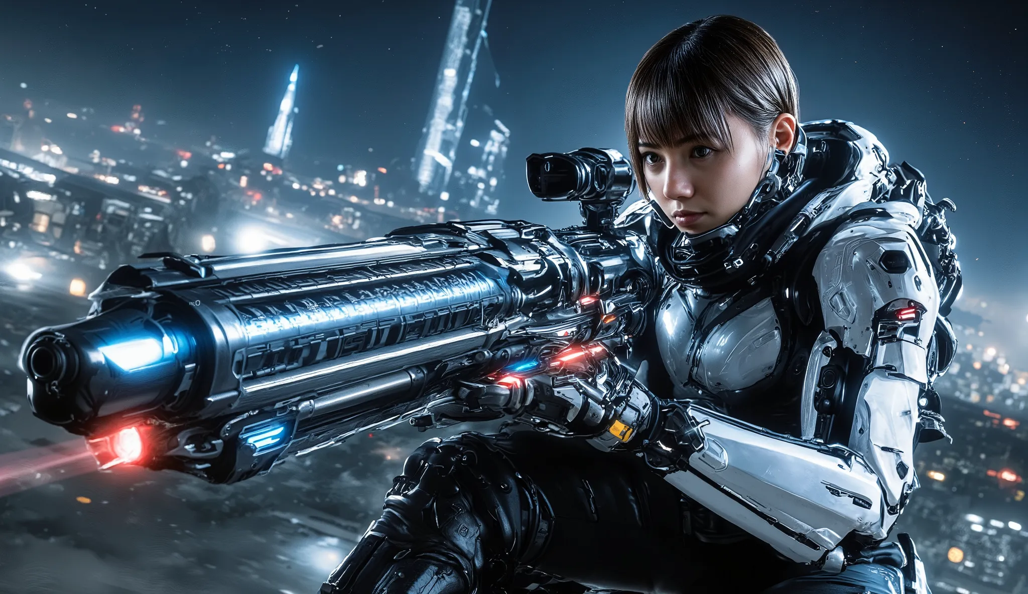 High Quality, A girl in a cyborg suit is standing with a gun ,Short hair with bob cut , Future City,Telephoto Lensバイオメカニカルスナイパーライフルを持った女兵士, Telephoto Lens、