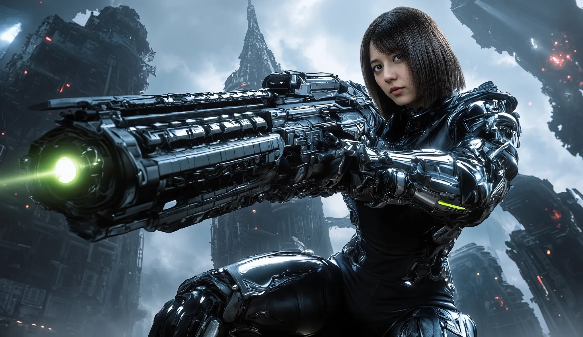 High Quality, A girl in a cyborg suit is standing with a gun ,Short hair with bob cut , Future City,Telephoto Lensバイオメカニカルスナイパーライフルを持った女兵士, Telephoto Lens、