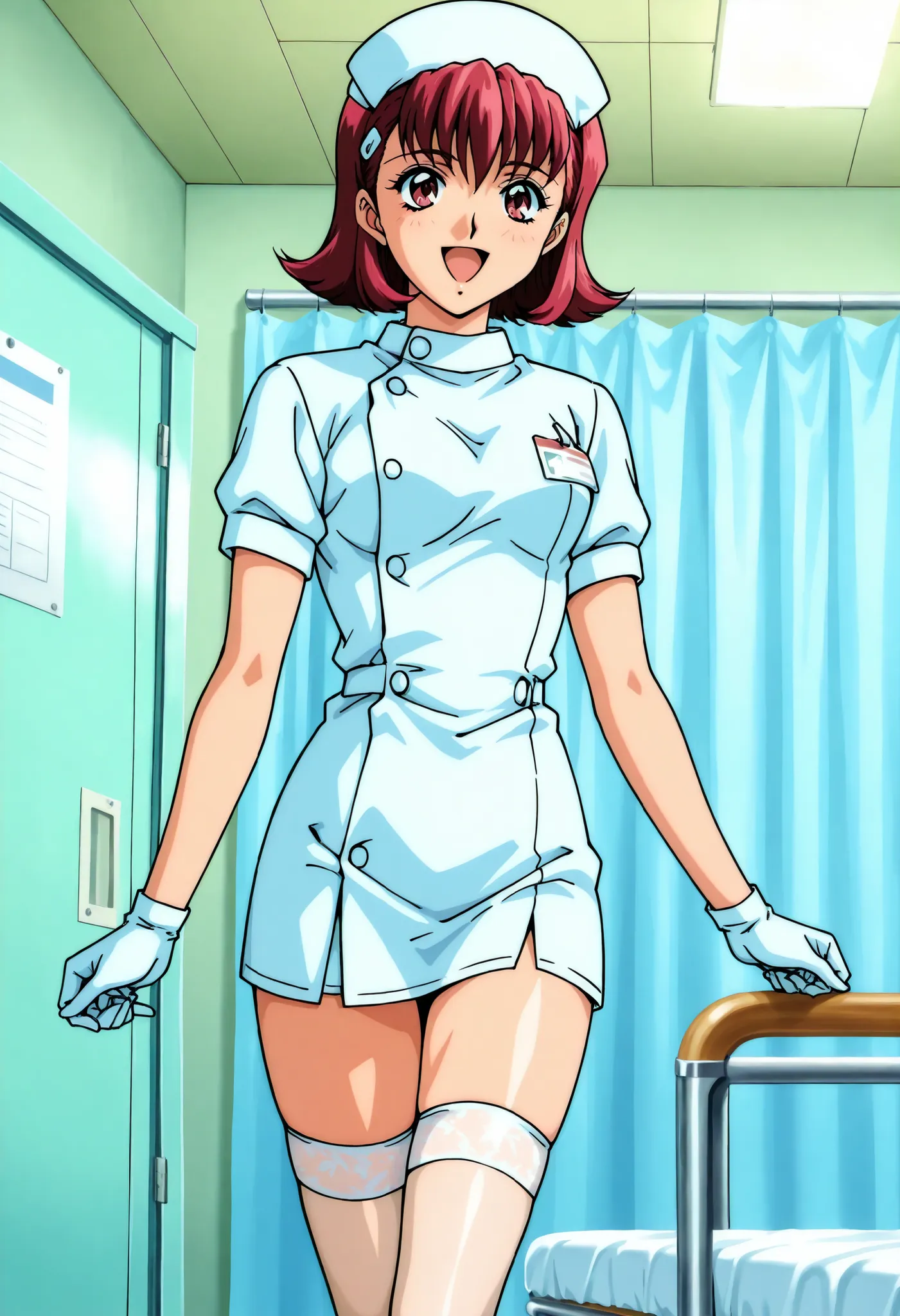 Score_9, score_8_up, score_7_up, source_anime, anime coloring, retro artstyle, 1990s (style), shindo_kazumi\(houkago_renai_club\), 1girl, solo, red hair, short hair, red eyes, (best quality), (high quality), {masterpiece}, extremely delicate and beautiful,...