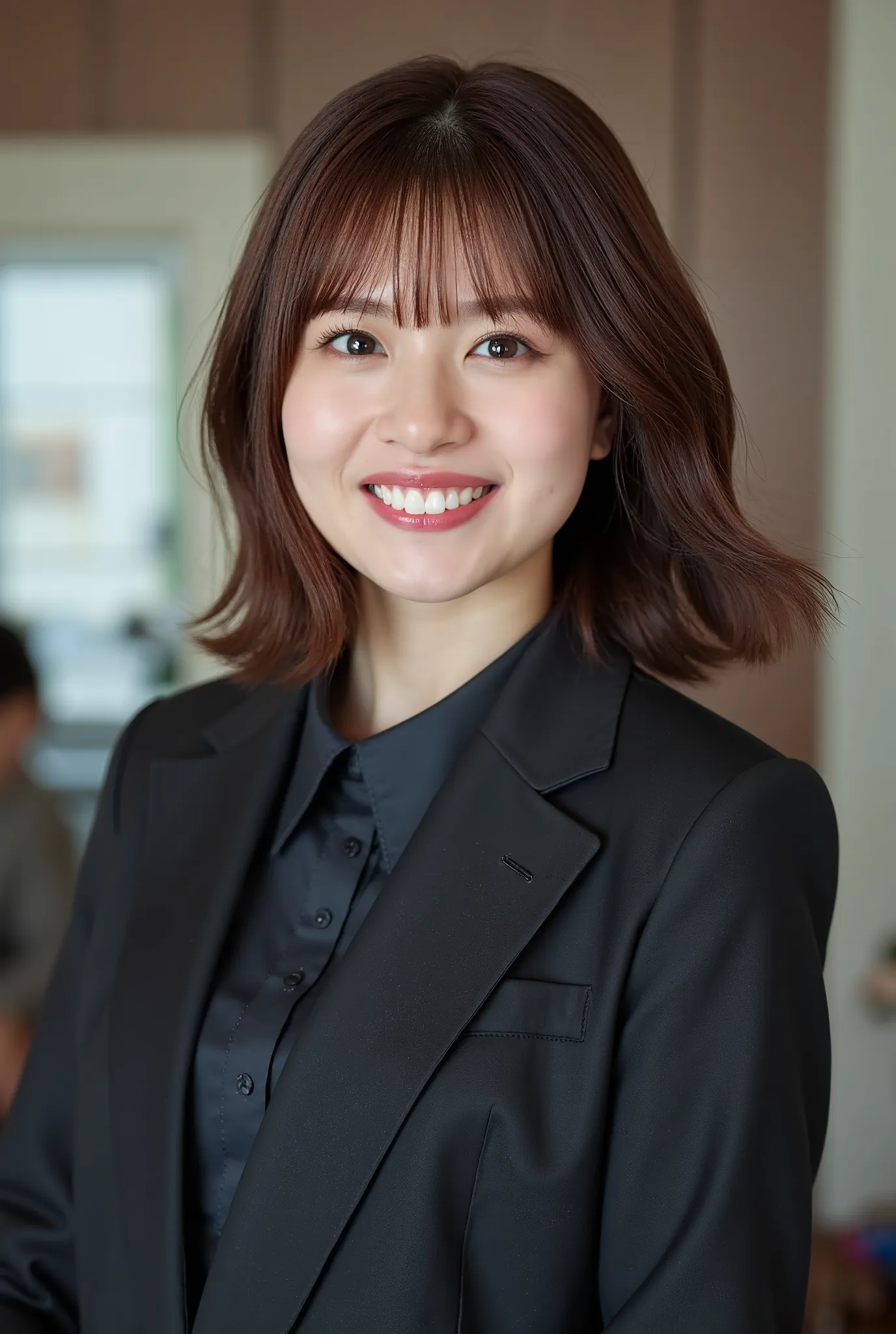 Neat Young Woman、and look at the camera、smile showing teeth、office lady suit、jacket、shirt、 、dark eyeshadow、upper body、Background is in a room、