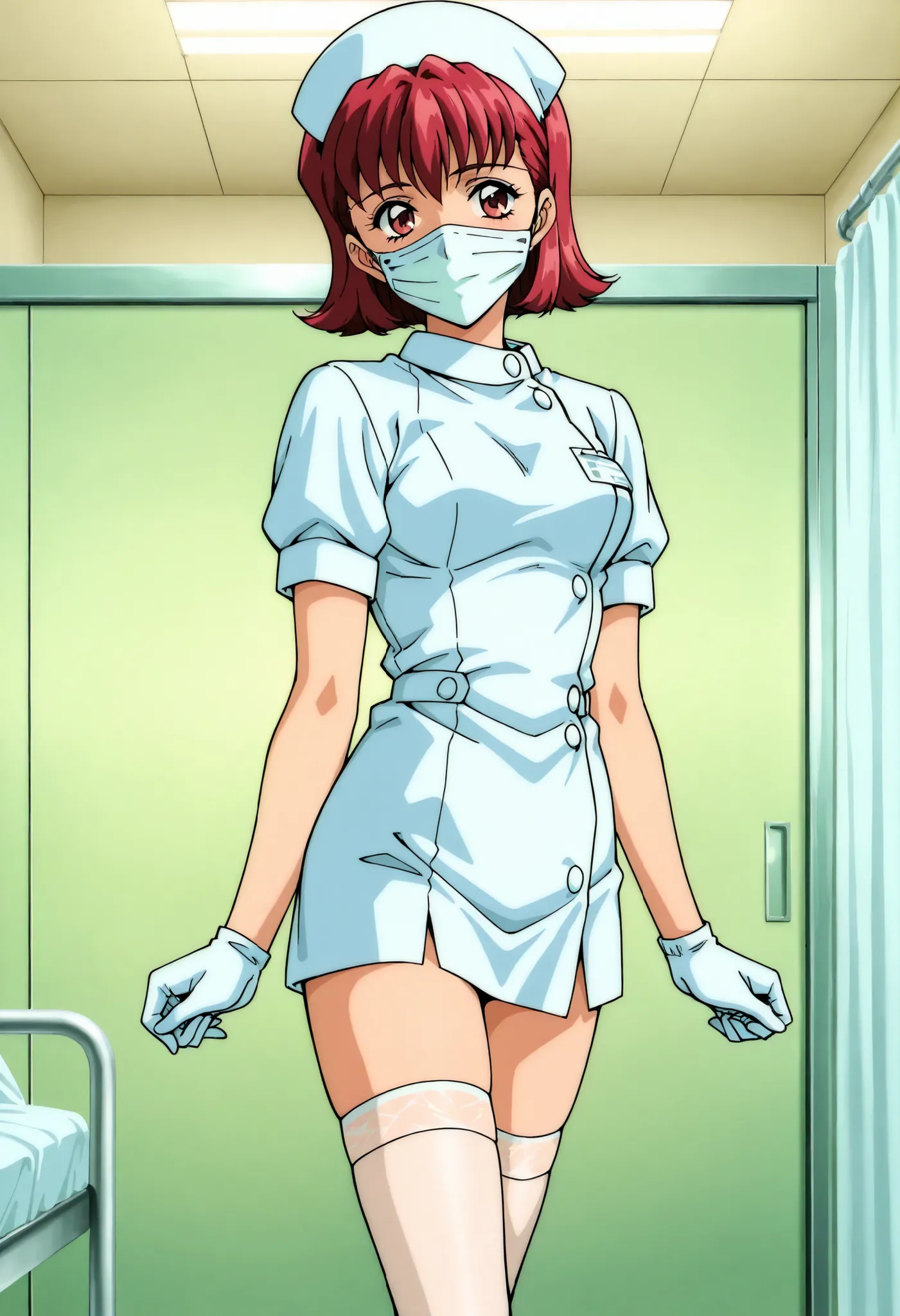 Score_9, score_8_up, score_7_up, source_anime, anime coloring, retro artstyle, 1990s (style), shindo_kazumi\(houkago_renai_club\), 1girl, solo, red hair, short hair, red eyes, (best quality), (high quality), {masterpiece}, extremely delicate and beautiful,...
