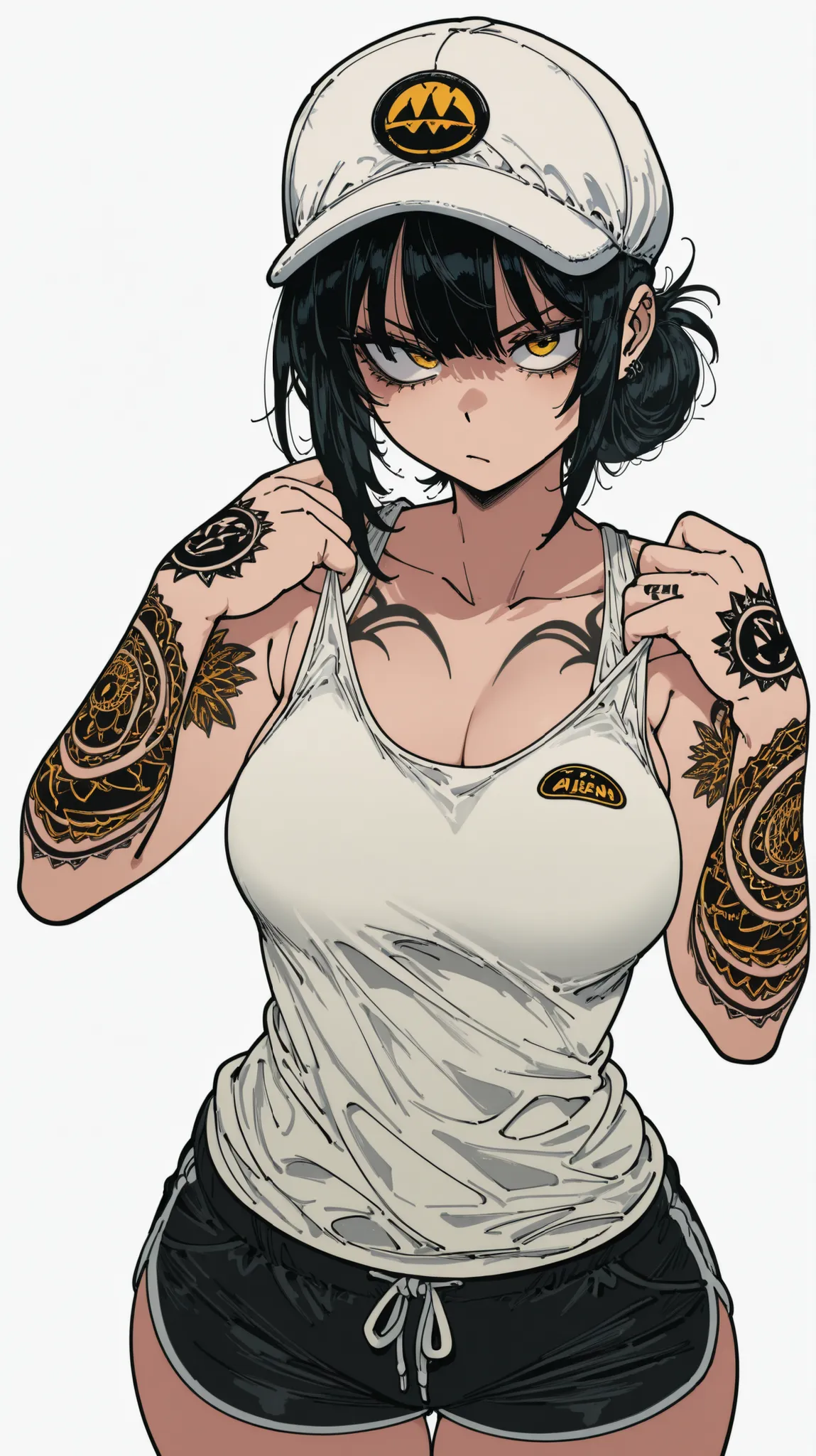 masterpiece, best quality, very aesthetic, high resolution, ultra-detailed, absurdres, newest, extremely detailed eyes,  1girl,Image is a digital illustration featuring an anime-style character. The character is a young woman with fair skin and short black...
