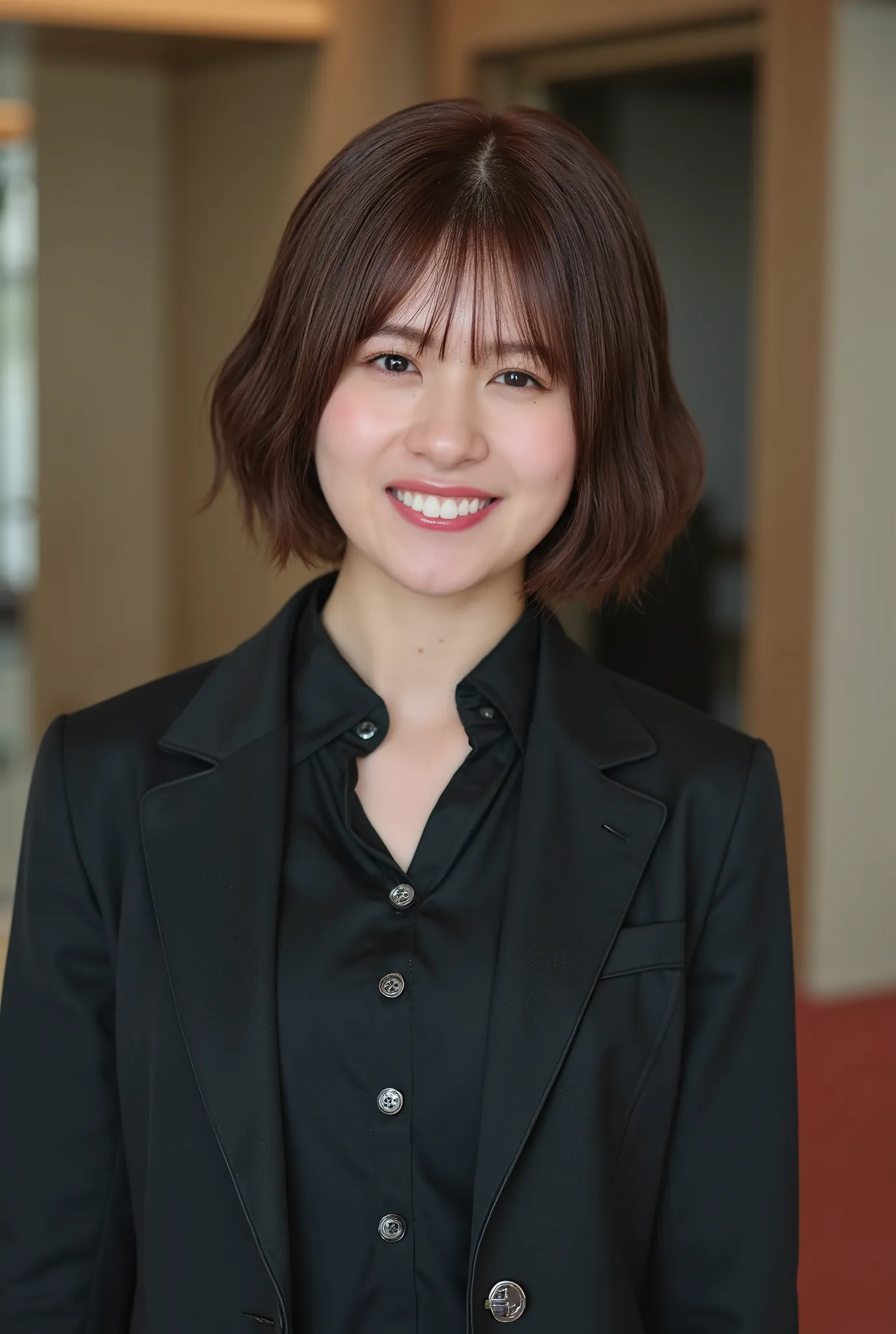 Neat Young Woman、and look at the camera、smile showing teeth、office lady suit、jacket、shirt、黒髪、 、dark eyeshadow、upper body、Background is in a room、