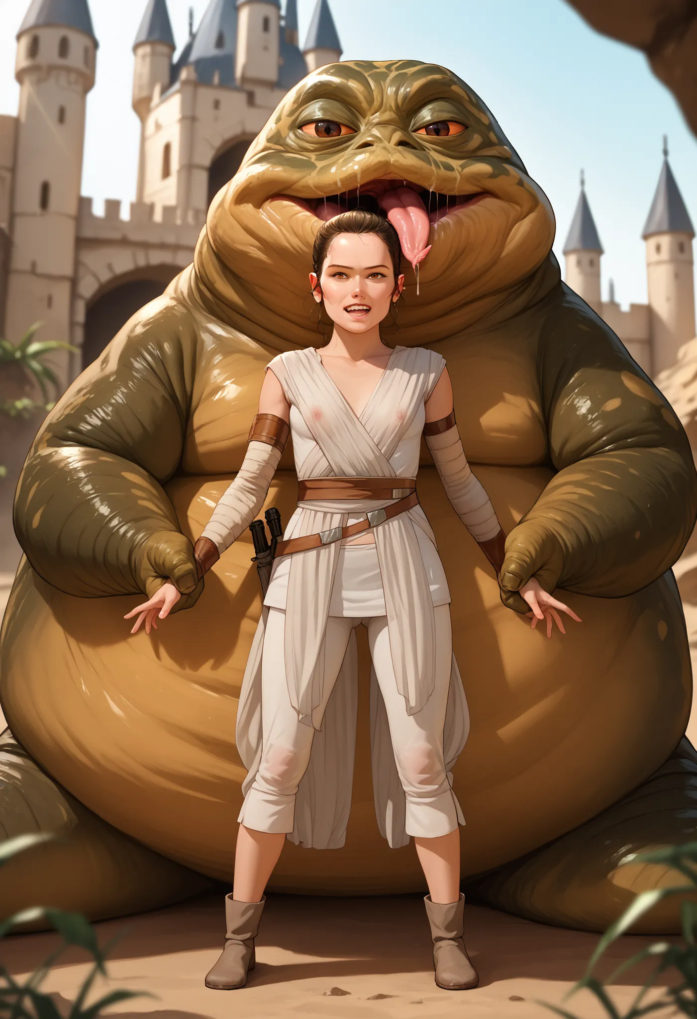 Rey, brown hair, brown eyes, natural small breasts, BREAK, see-through sleeveless, see-through jedi, see through white cloth, BREAK, (full body), looking at viewer, seductive, sexy pose, in front of, BREAK (1male) jabba the hutt, monster, snake, orange scl...
