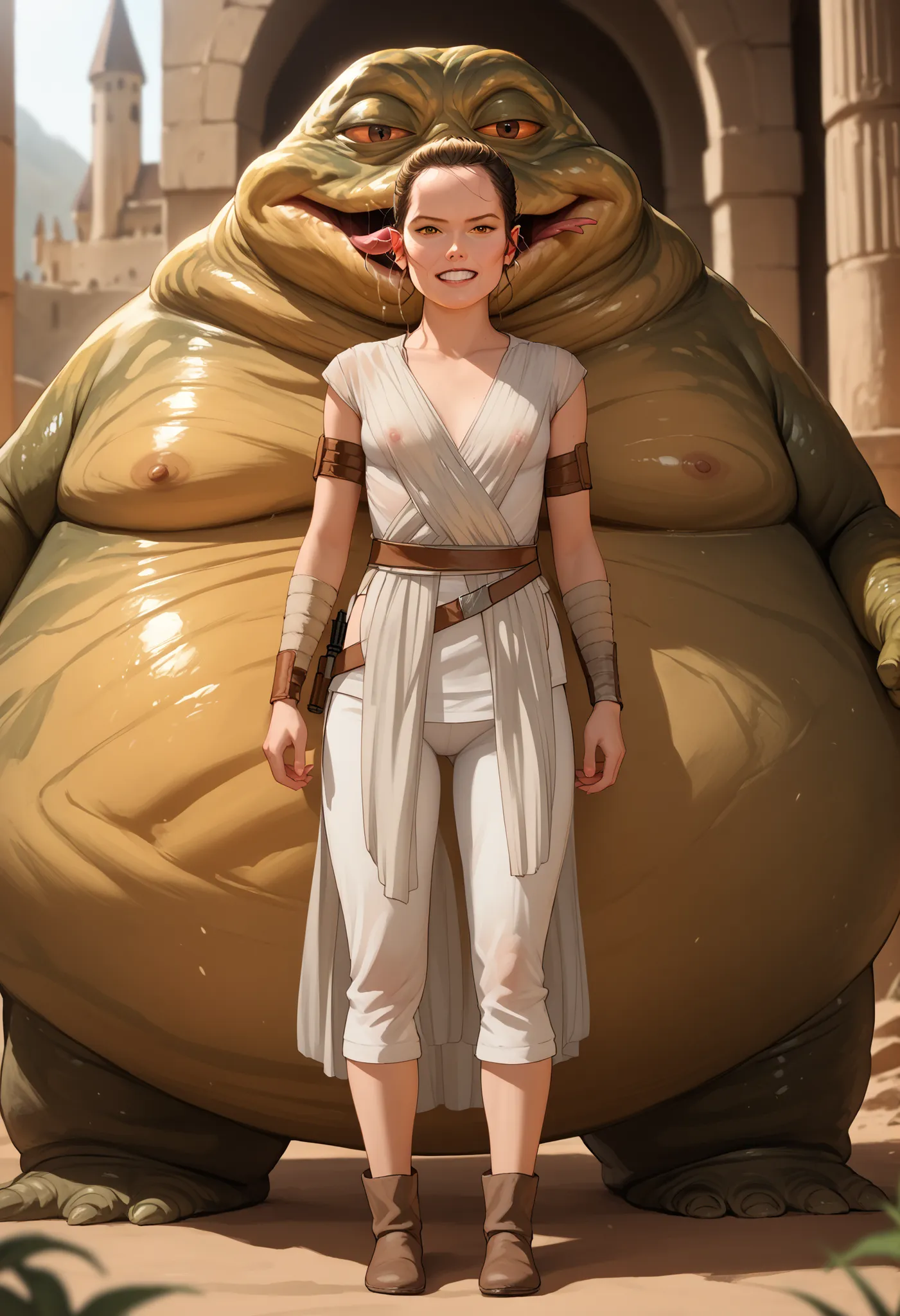 Rey, brown hair, brown eyes, natural small breasts, BREAK, see-through sleeveless, see-through jedi, see through white cloth, BREAK, (full body), looking at viewer, seductive, sexy pose, in front of, BREAK (1male) jabba the hutt, monster, snake, orange scl...