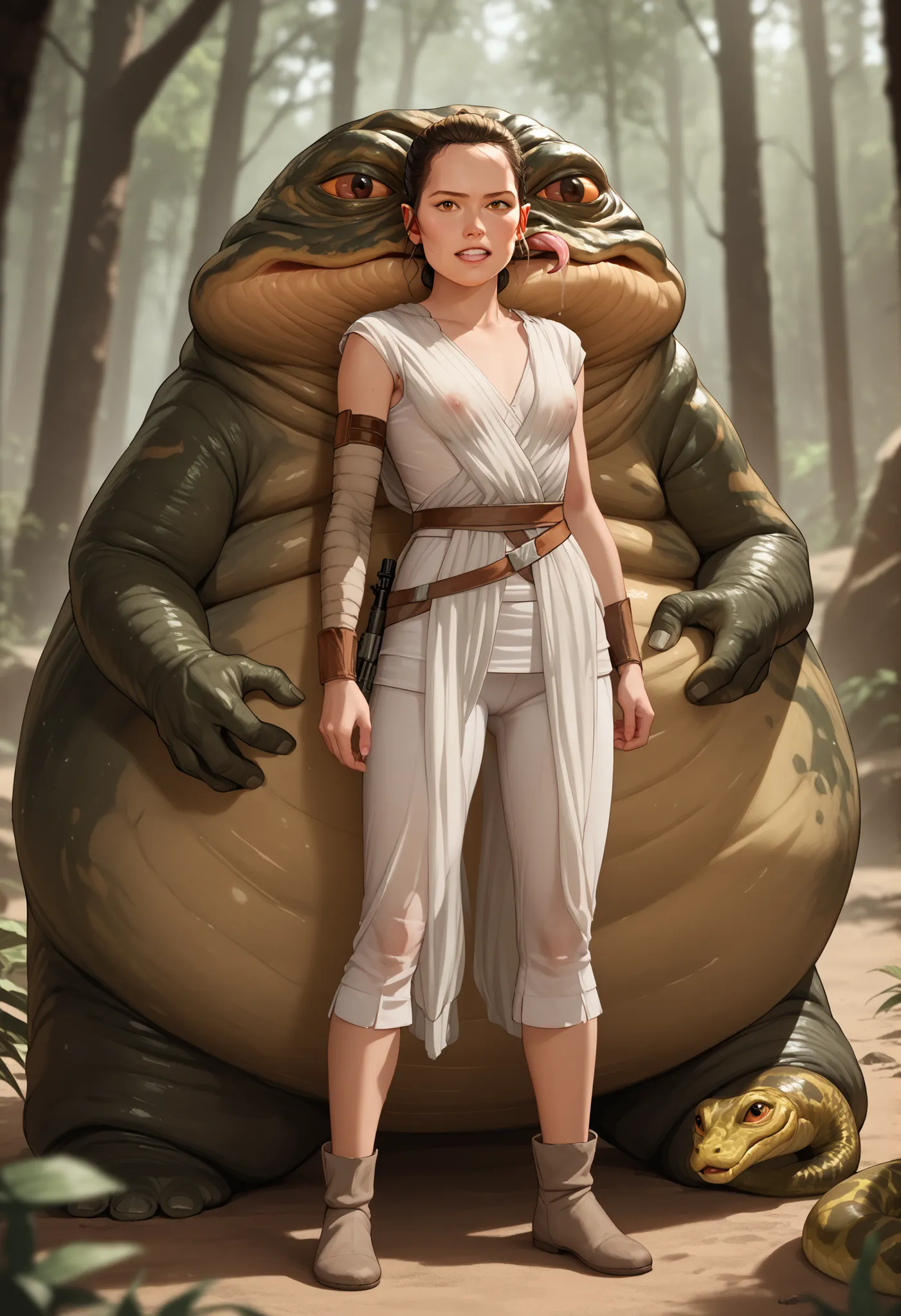 Rey, brown hair, brown eyes, natural small breasts, BREAK, see-through sleeveless, see-through jedi, see through white cloth, BREAK, (full body), looking at viewer, seductive, sexy pose, in front of, BREAK (1male) jabba the hutt, monster, snake, orange scl...