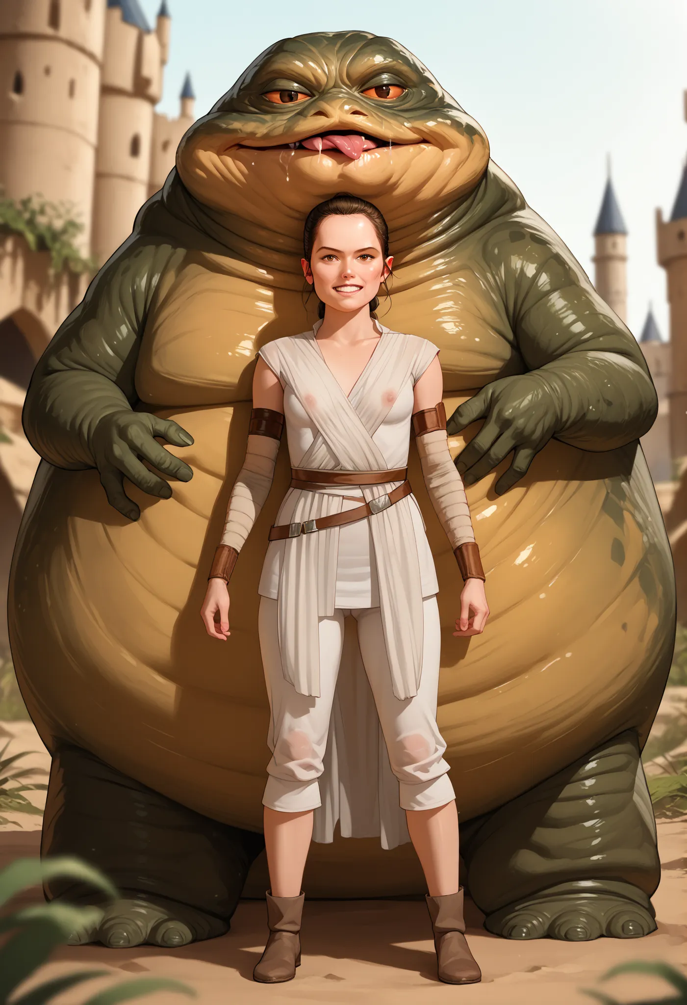 Rey, brown hair, brown eyes, natural small breasts, BREAK, see-through sleeveless, see-through jedi, see through white cloth, BREAK, (full body), looking at viewer, seductive, sexy pose, in front of, BREAK (1male) jabba the hutt, monster, snake, orange scl...