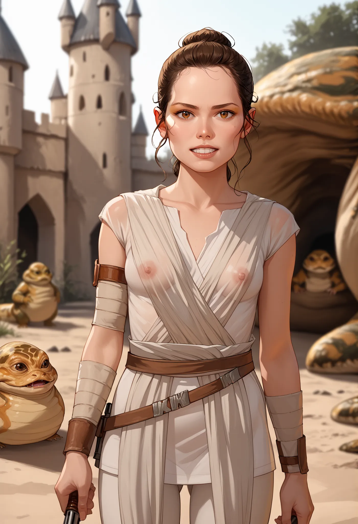 Rey, brown hair, brown eyes, natural small breasts, BREAK, see-through sleeveless, see-through jedi, see through white cloth, BREAK, looking at viewer, seductive, sexy pose, in front of, BREAK (1male) jabba the hutt, monster, snake, orange sclera, dark gre...