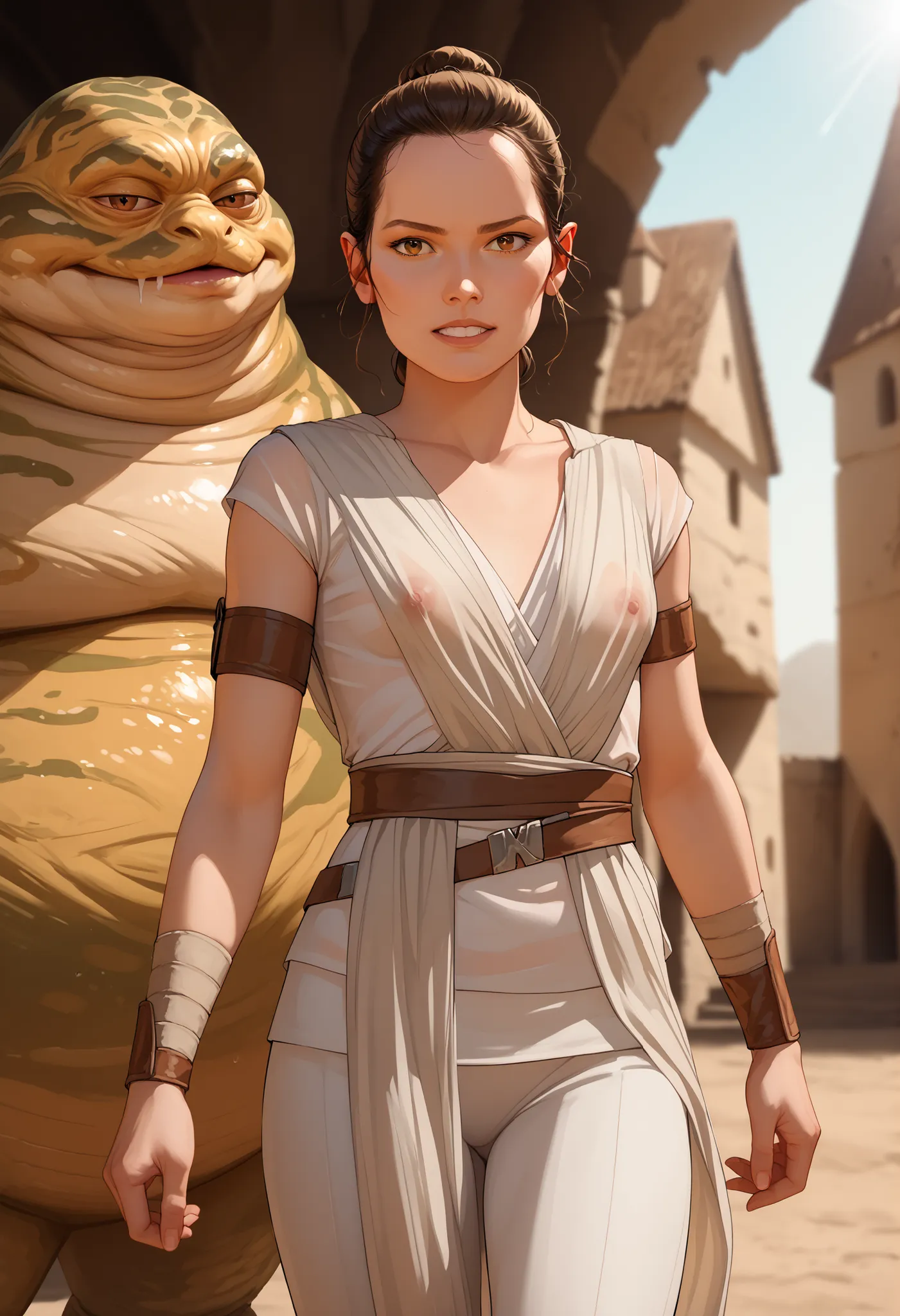 Rey, brown hair, brown eyes, natural small breasts, BREAK, see-through sleeveless, see-through jedi, see through white cloth, BREAK, looking at viewer, seductive, sexy pose, in front of, BREAK (1male) jabba the hutt, monster, snake, orange sclera, dark gre...
