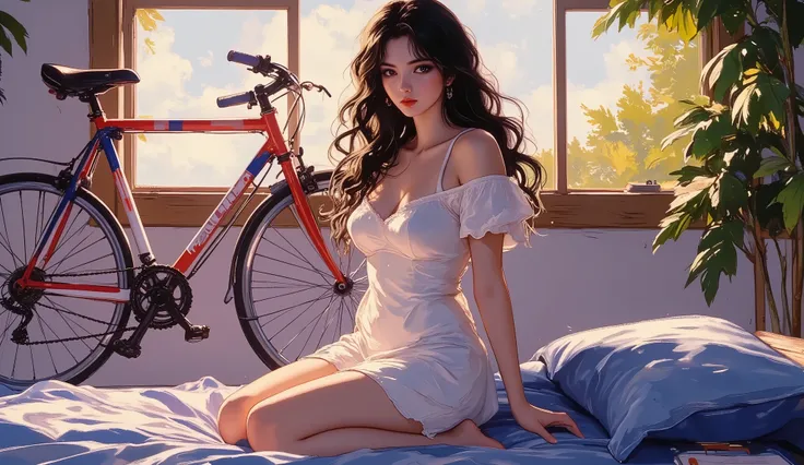 masterpiece, high quality, 4k, best quality, dynamic lighting, first-person view, Anime style scene from a first-person perspective. A tall young woman with dark long hair, wearing a thin white nightgown, sits beside the viewer on a bed. Morning sunlight s...