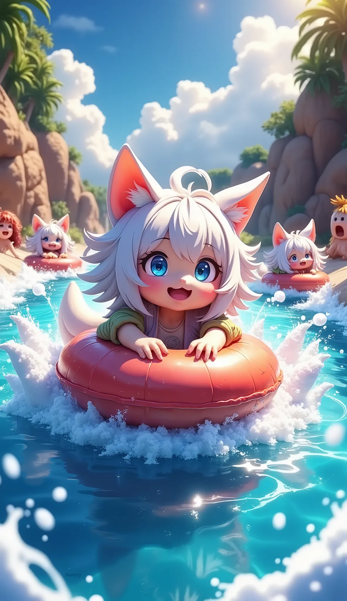 water A masterpiece illustration depicting a slider scene。Smiles and exhilaration、and captures summer moments full of vitality。The work drawn with rich eyes and perfect expressions、fully expresses the essence of joy and carefree summer days。Vivid colors an...